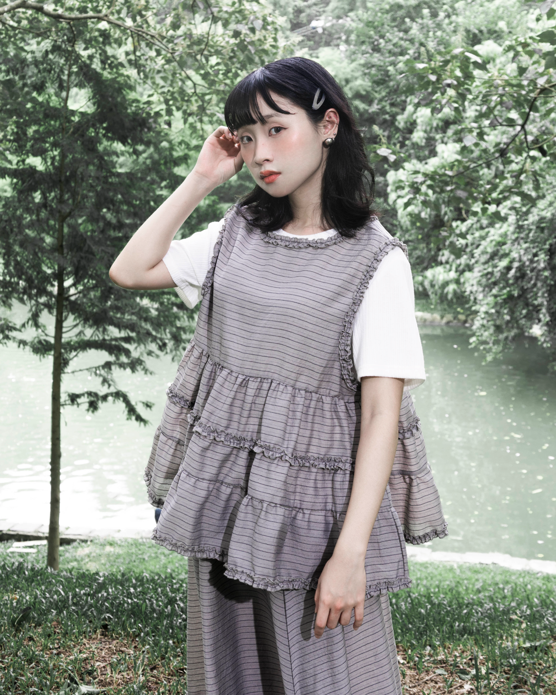 【 Kiki.co Made 】cabbage striped layered vest - grey