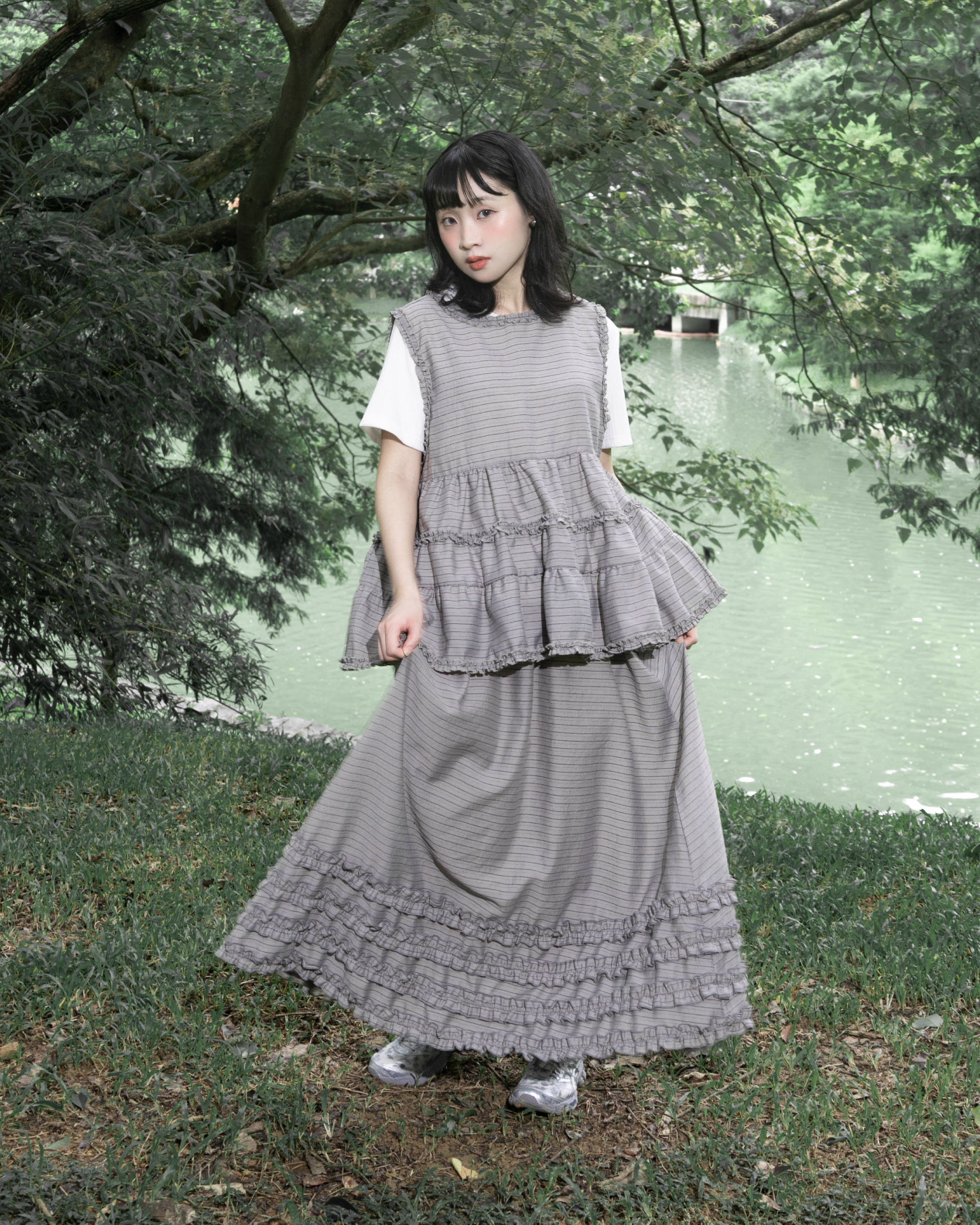 【 Kiki.co Made 】cabbage striped layered skirt - grey