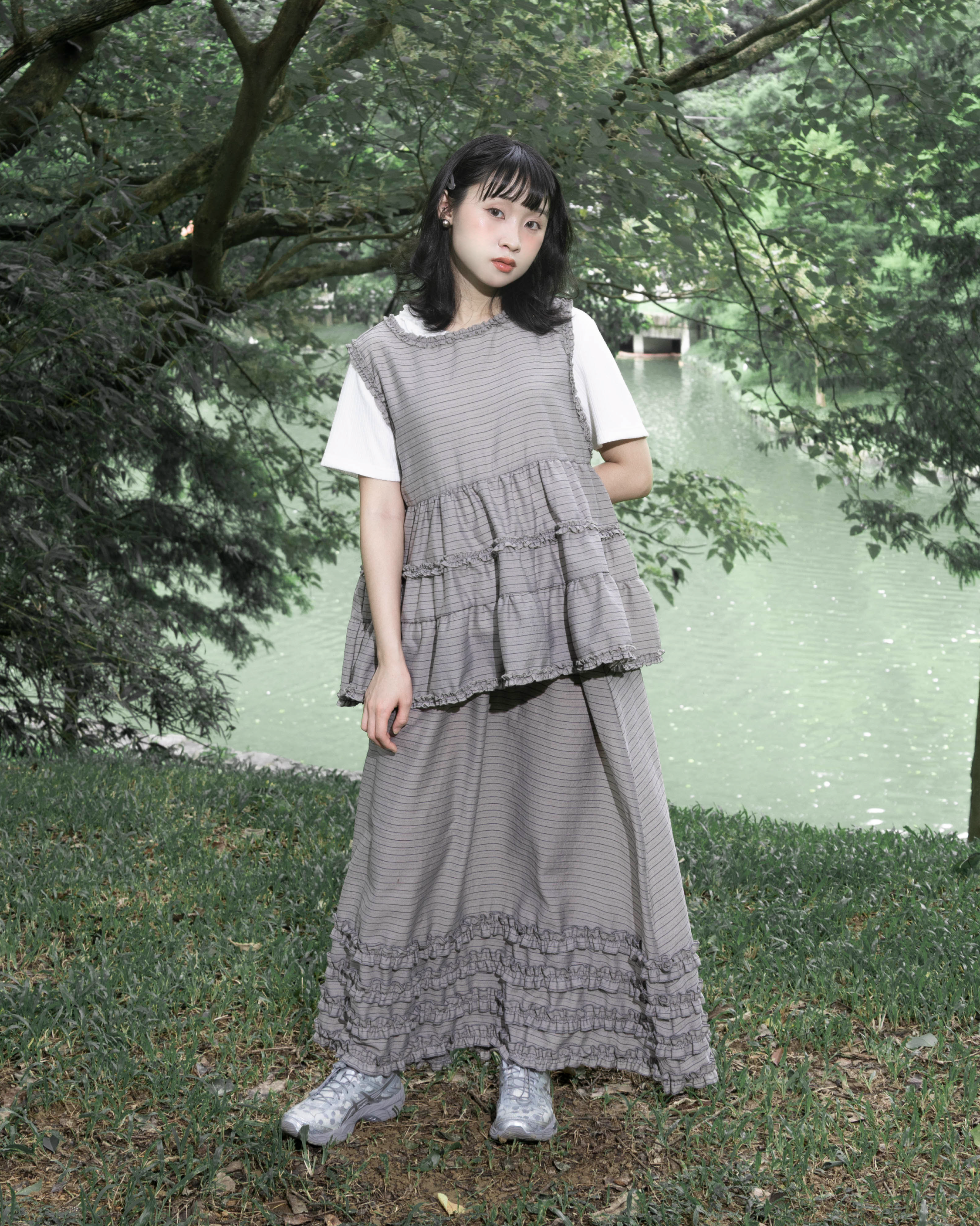 【 Kiki.co Made 】cabbage striped layered skirt - grey
