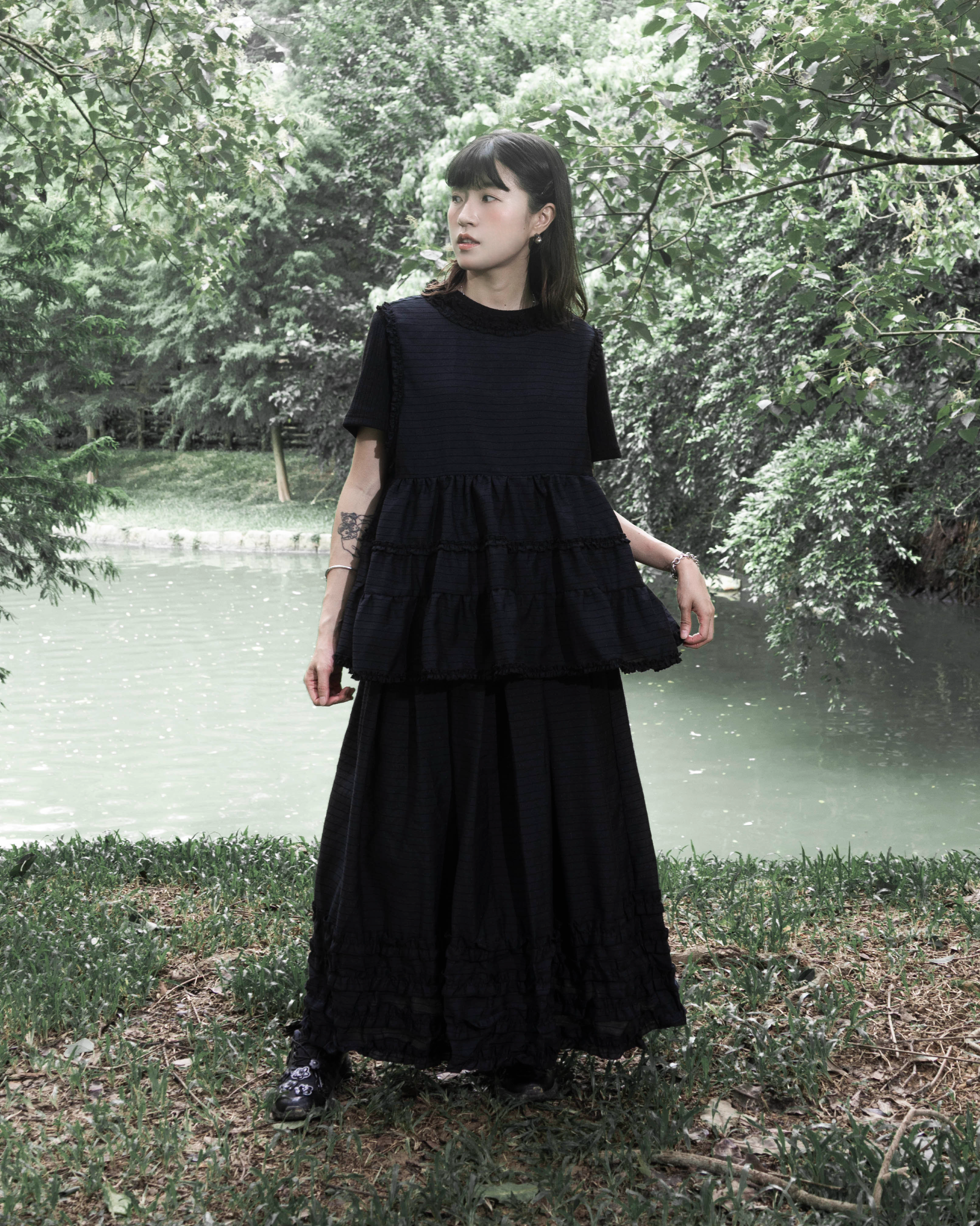 【 Kiki.co Made 】cabbage striped layered skirt - black