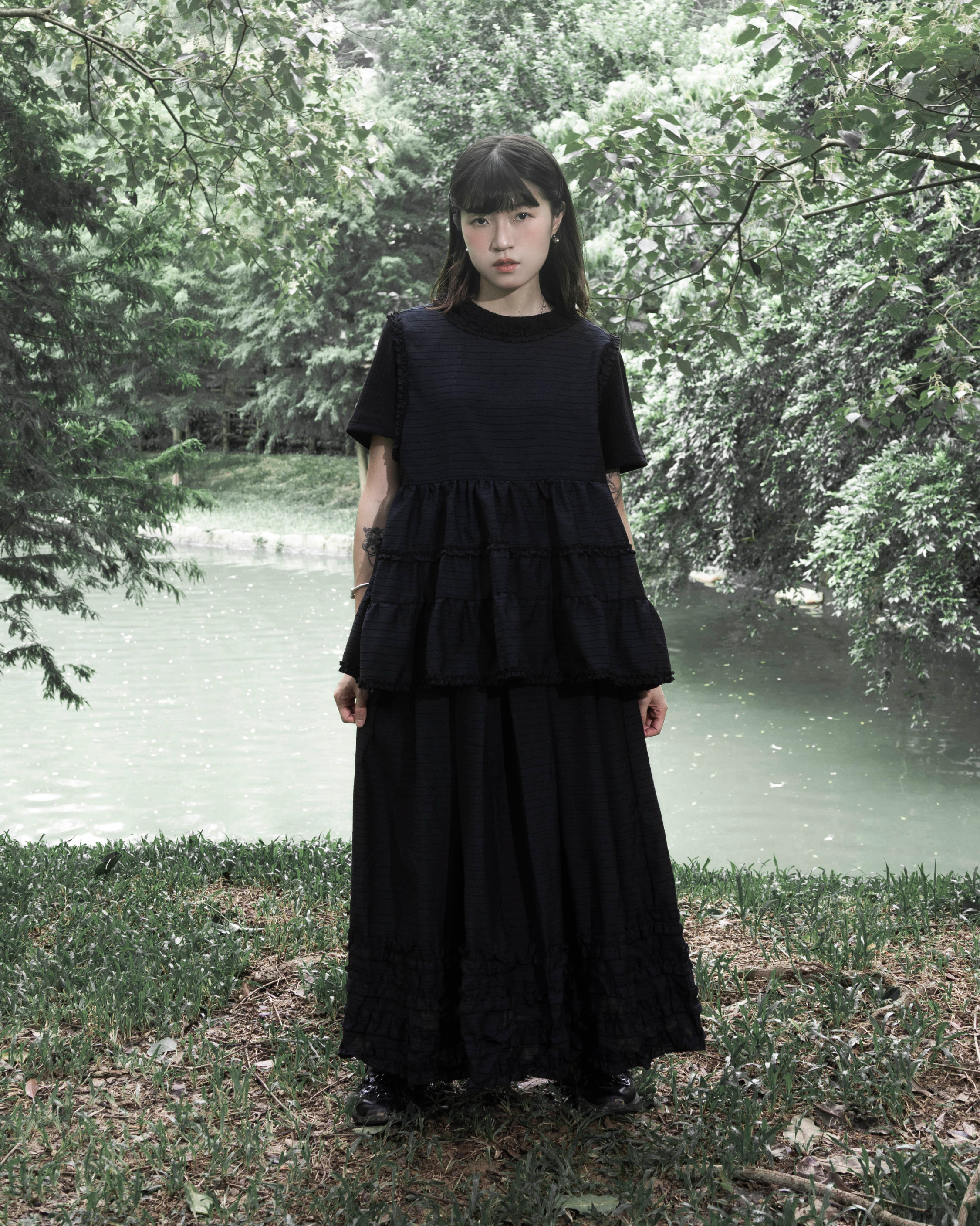 【 Kiki.co Made 】cabbage striped layered skirt - black