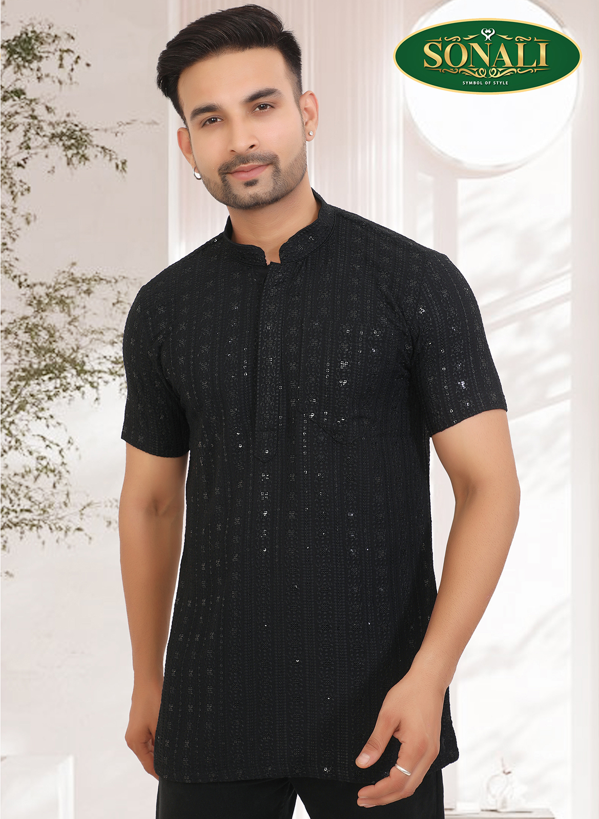 Sonali's Premier Quality Men's Top / kurta melayu / Traditional Men's Wear with Sequins Embroidery - Short Sleeve (B2762)