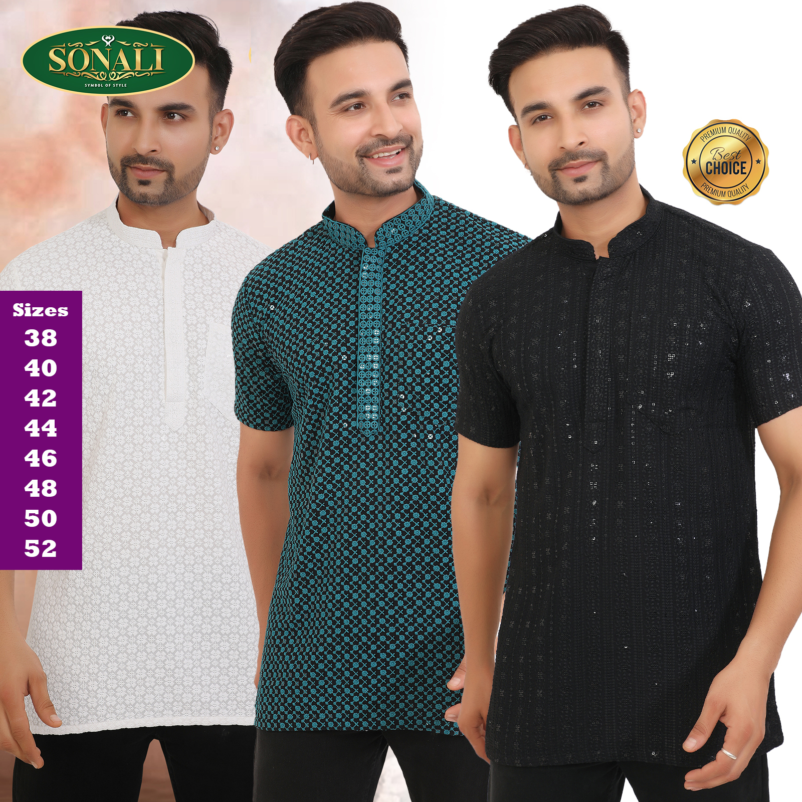 Sonali's Premier Quality Men's Top / kurta melayu / Traditional Men's Wear with Sequins Embroidery - Short Sleeve (B2762)