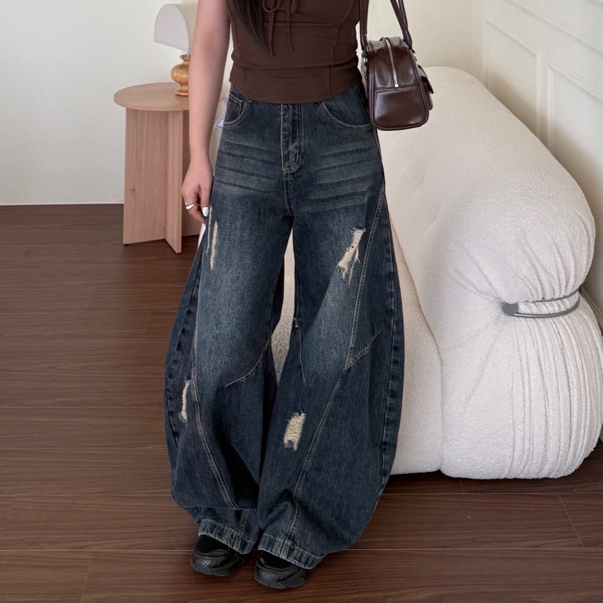 New color!自由曲線 復古高腰氣球牛仔褲