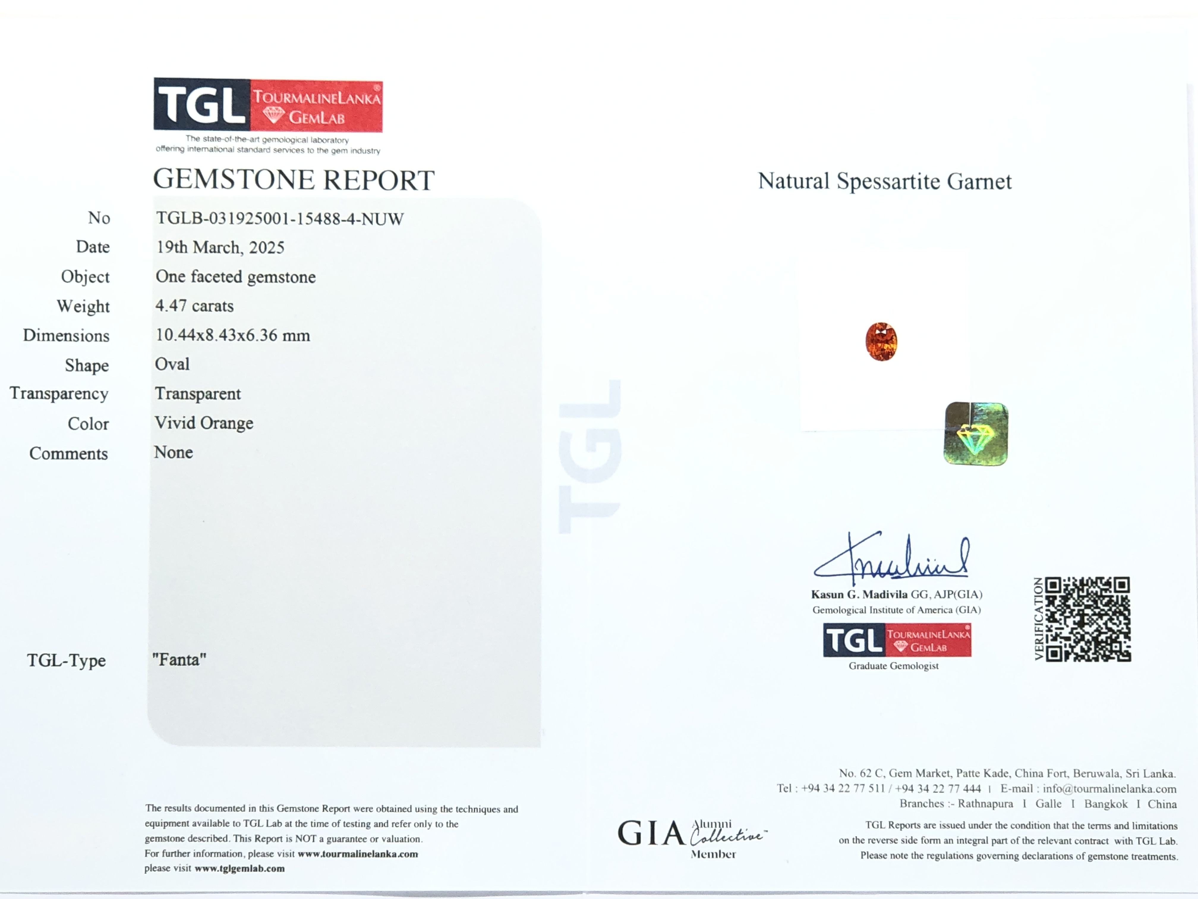 【艷彩級．標準芬達色階"Fanta"．錳鋁榴石 4.47ct(附TGL證書)】