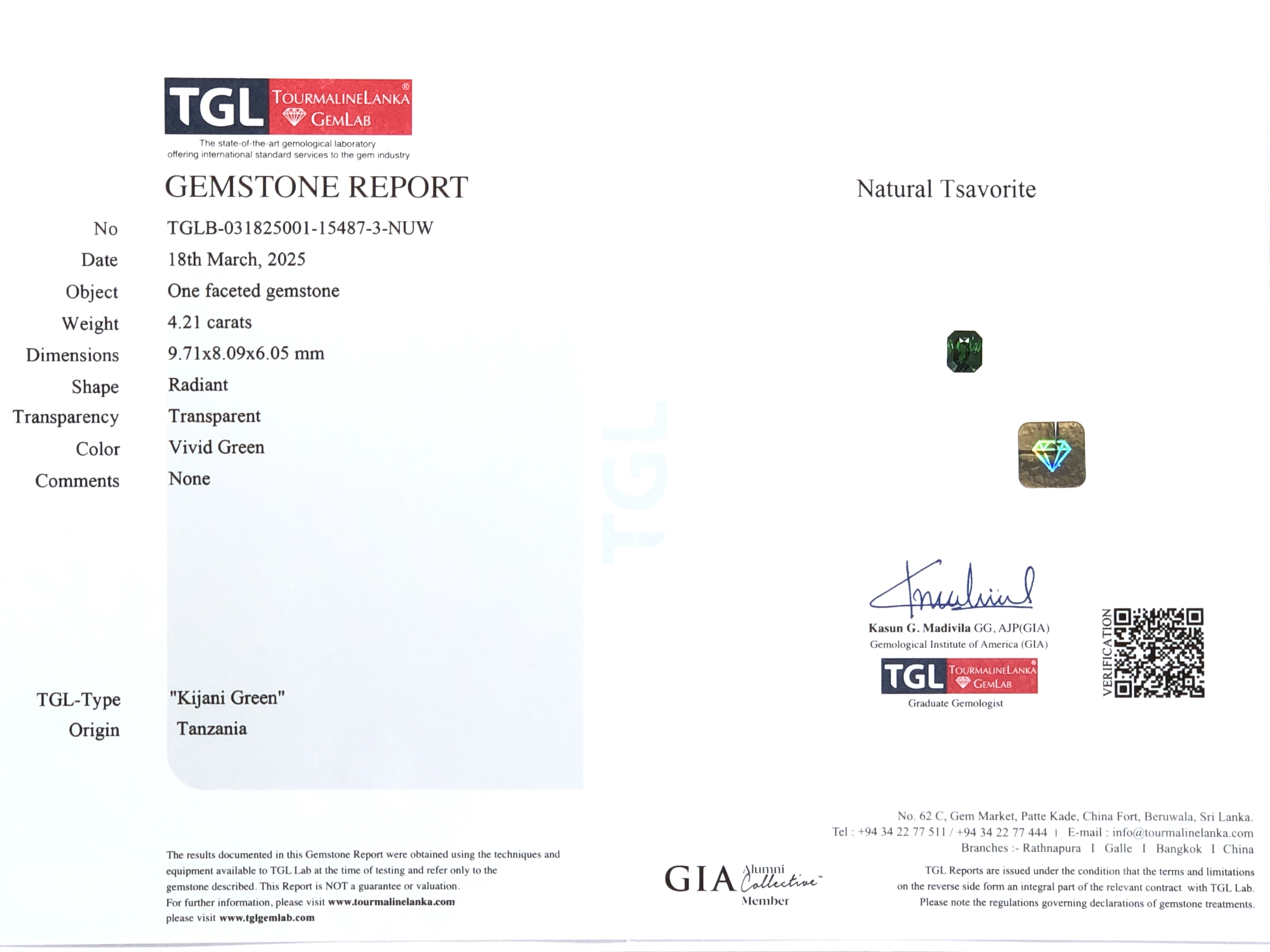 【精品卡札尼綠．沙弗萊．天然鈣鋁榴石4.21ct(附TGL證書)】