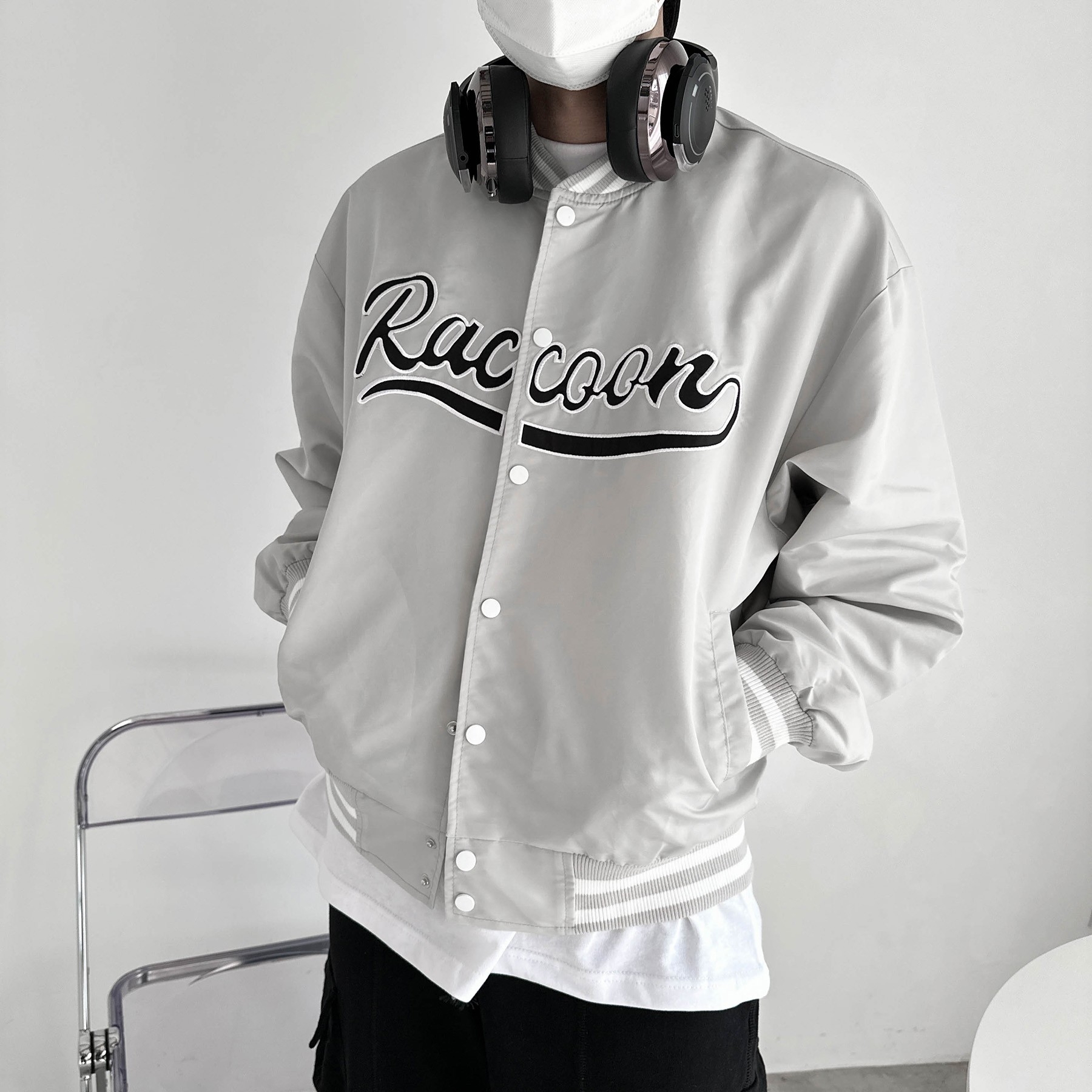 韓國街頭風 RAC 草寫刺繡 棒球外套