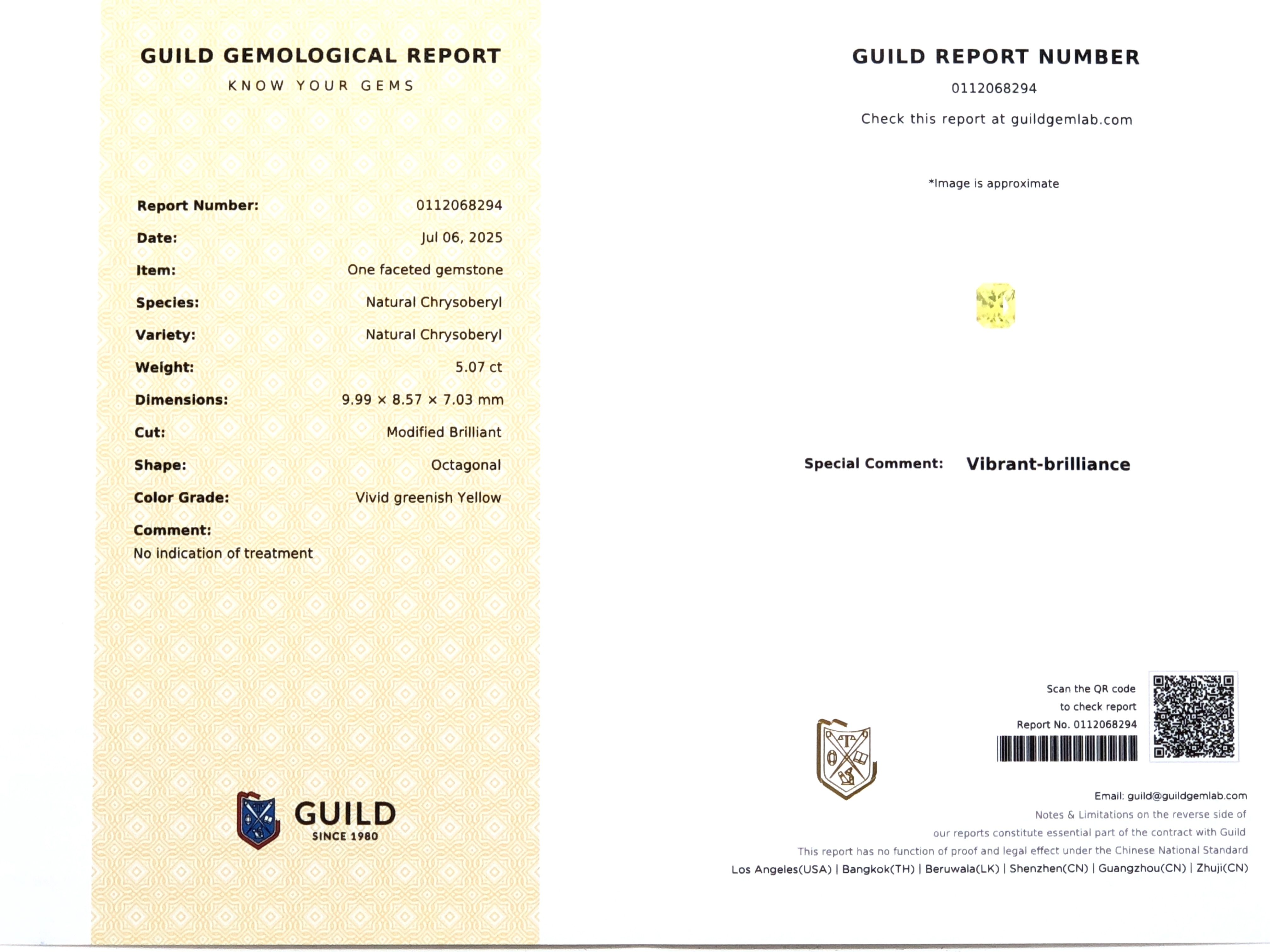 【豔彩精品．金綠玉寶石 5.07ct(附GUILD證書)】