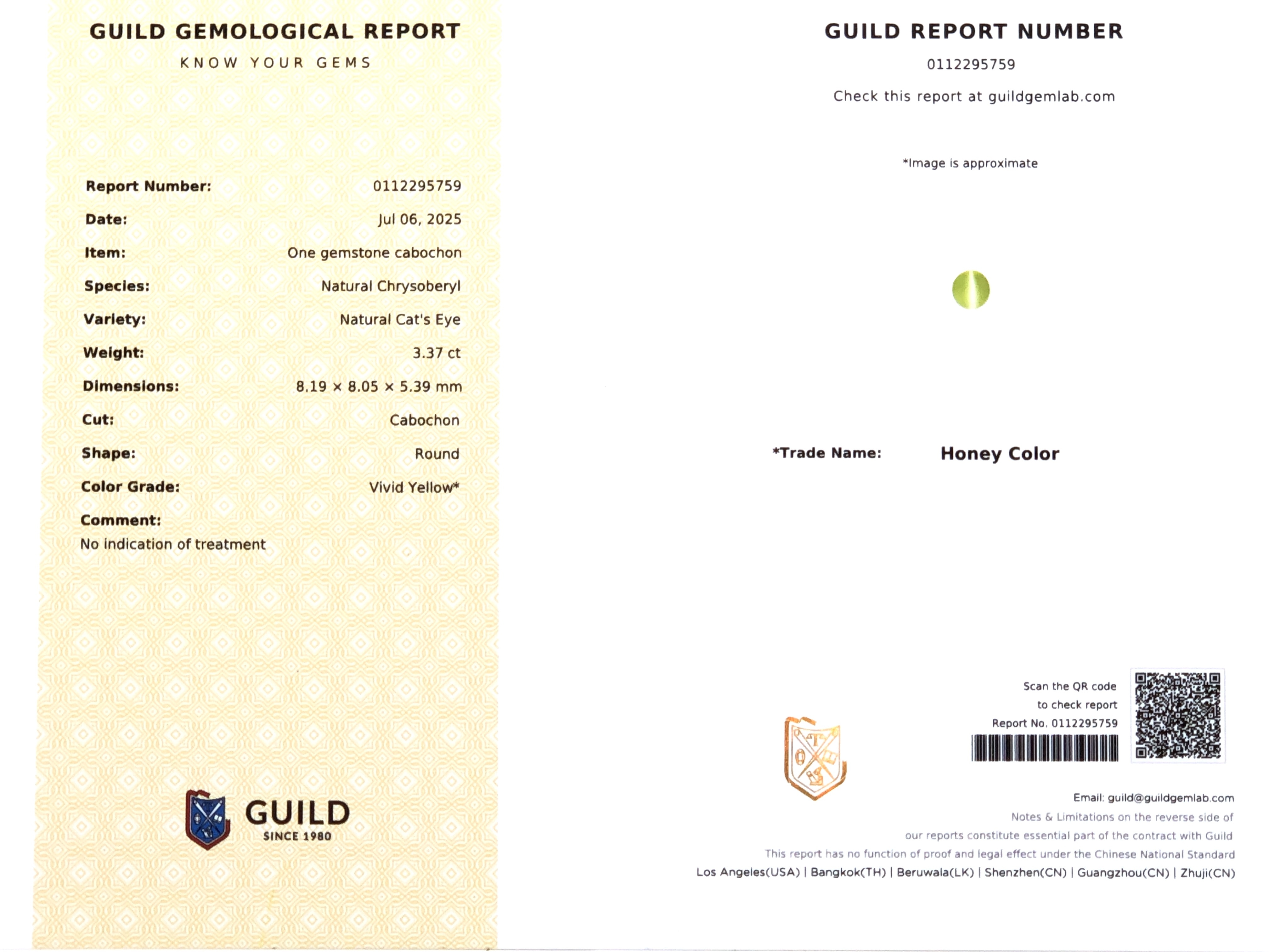 【頂級蜜糖色"Honey"．金綠玉貓眼 3.37ct(附GUILD證書)】