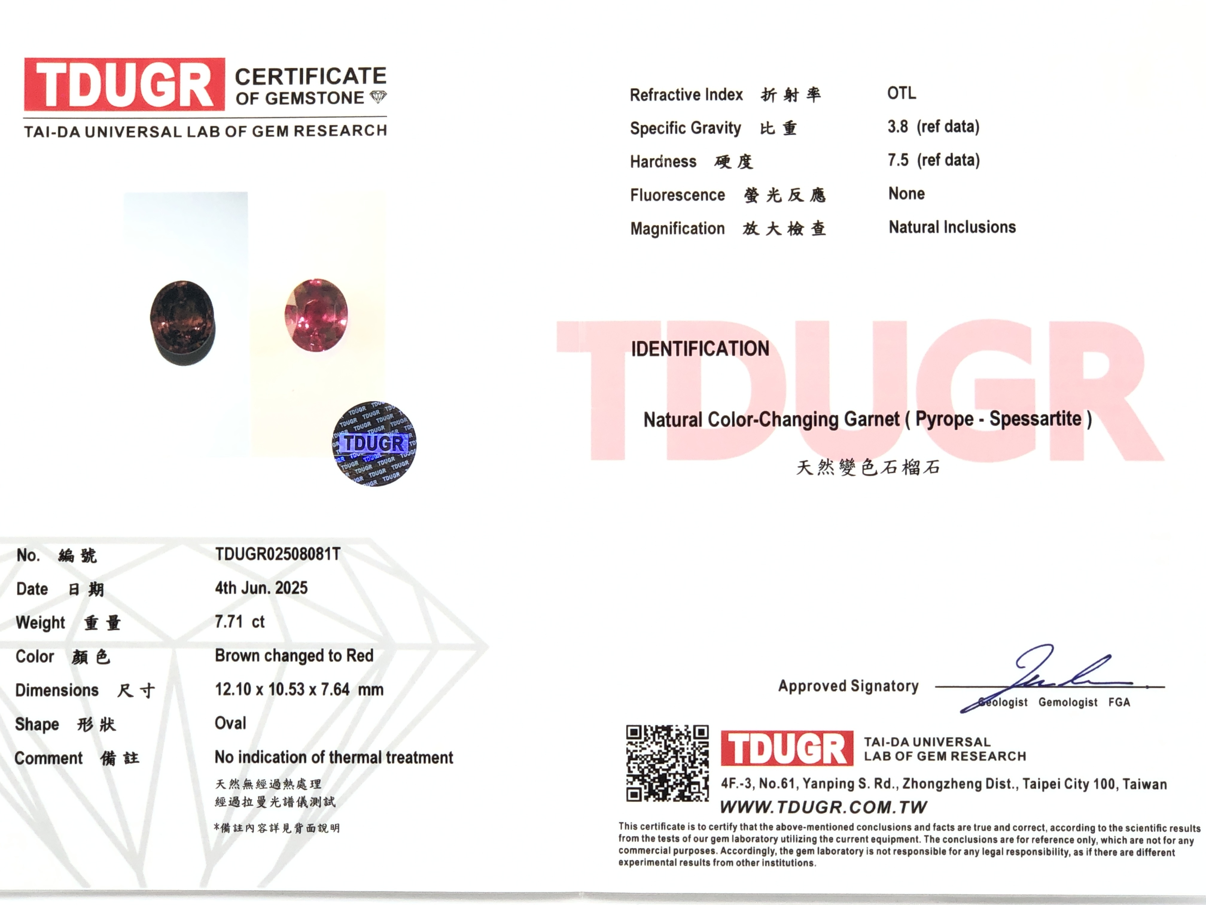 【變色魅影．巨大晶體變色石榴石 7.71ct（附TDUGR台大證書）】