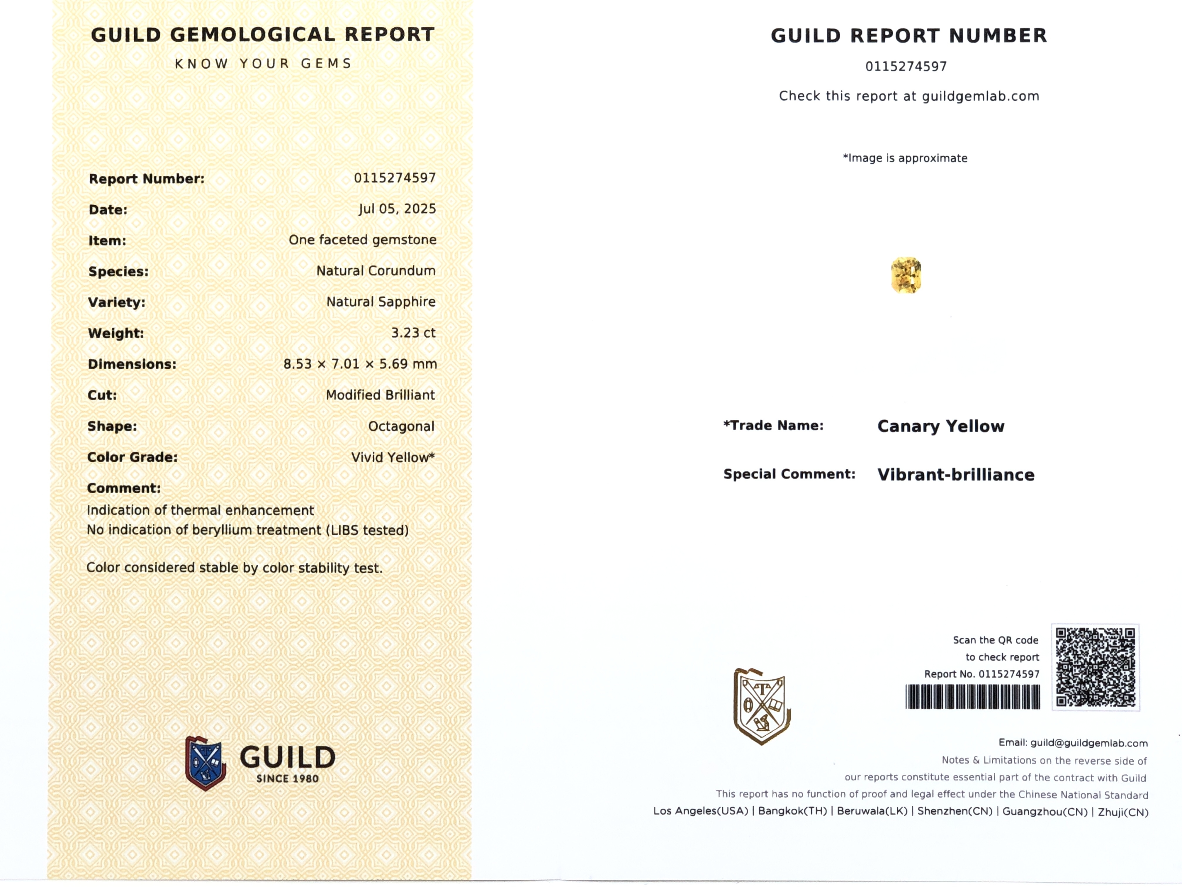 【頂級珍藏．金絲雀黃．精品藍寶石 3.23ct(H)(附GUILD證書)】