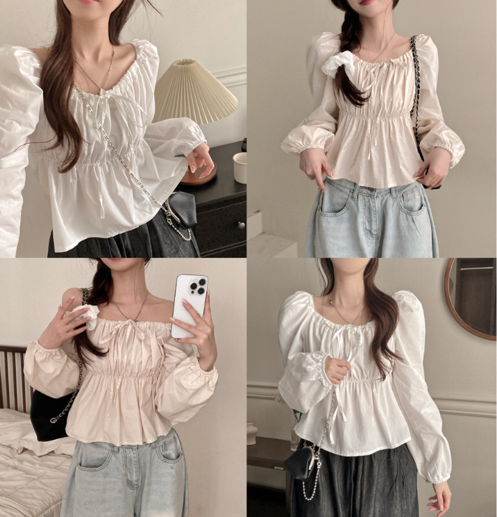 早秋預訂｜蝴蝶結褶皺泡泡袖方領襯衫