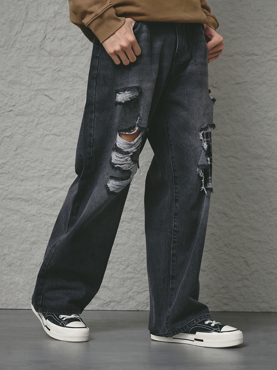 格紋補釘牛仔褲