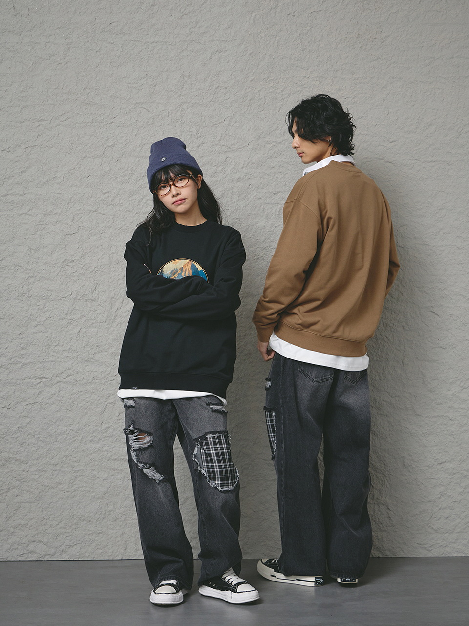 格紋補釘牛仔褲