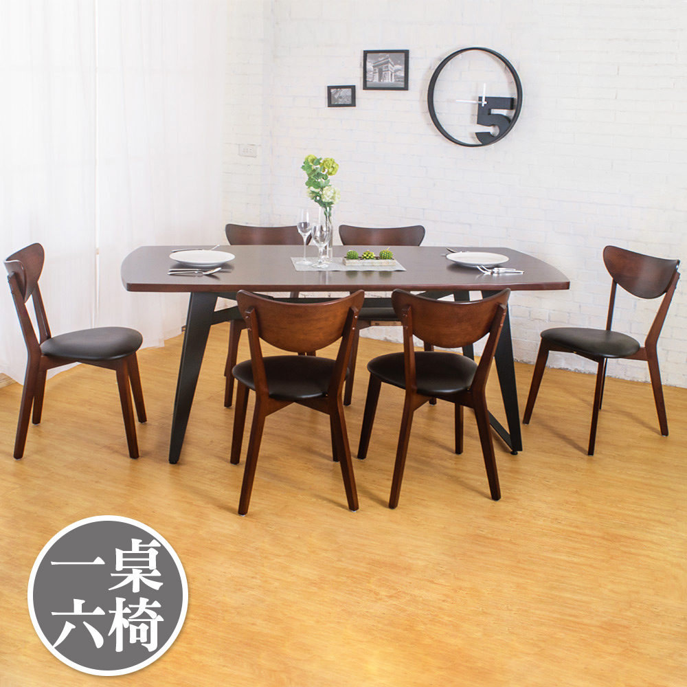 諾曼工業風實木餐桌椅組(一桌六椅)