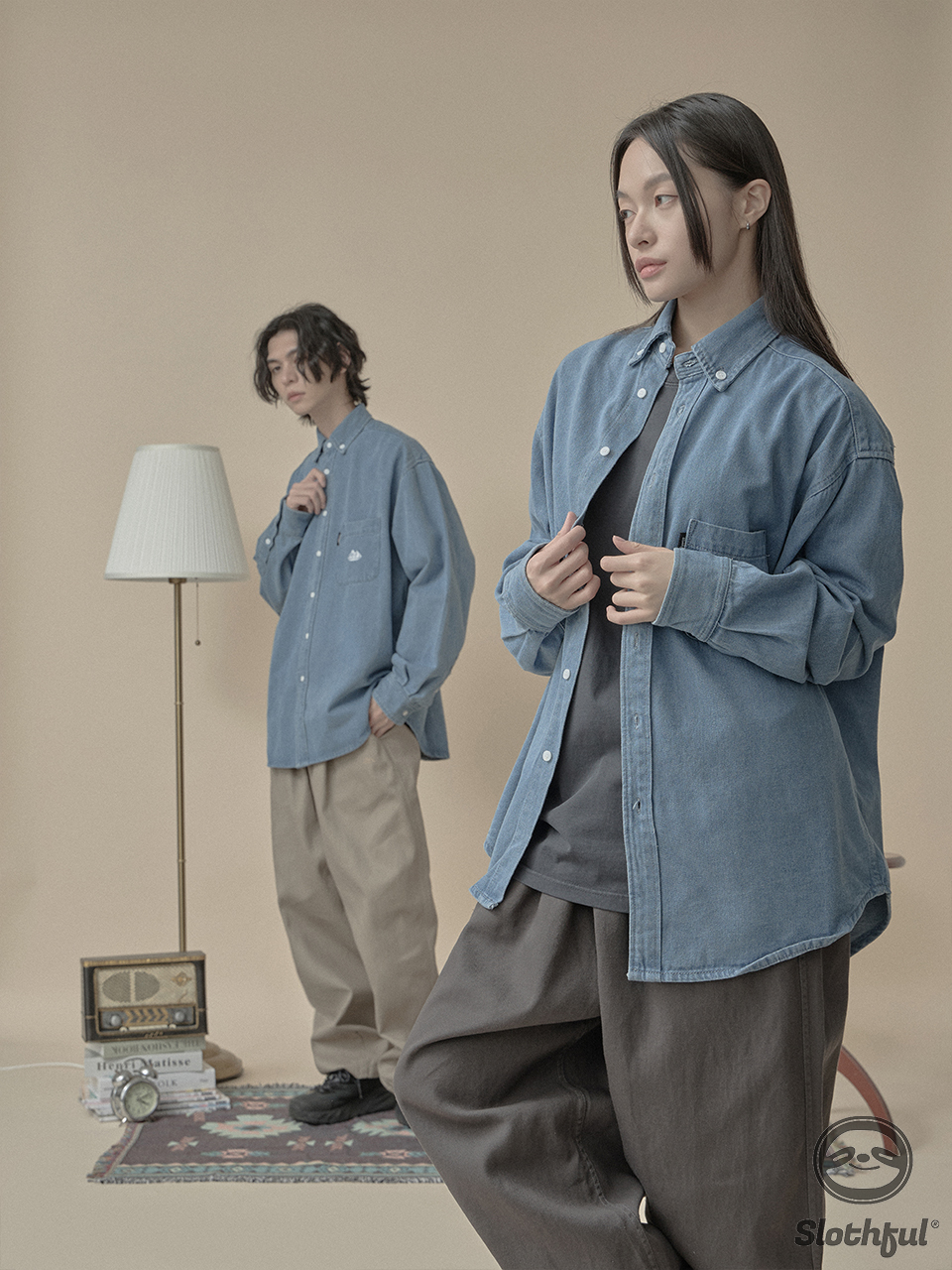 寬版刺繡牛仔襯衫