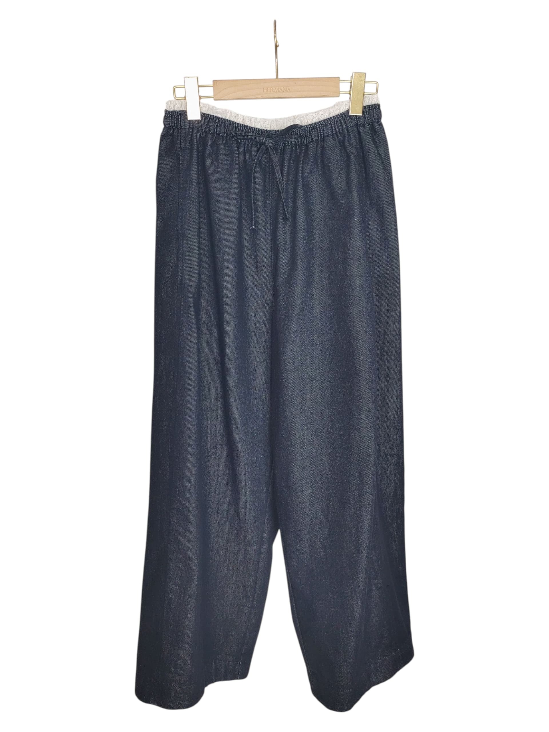 拼荷葉花邊腰頭闊斜褲（*現貨款式）