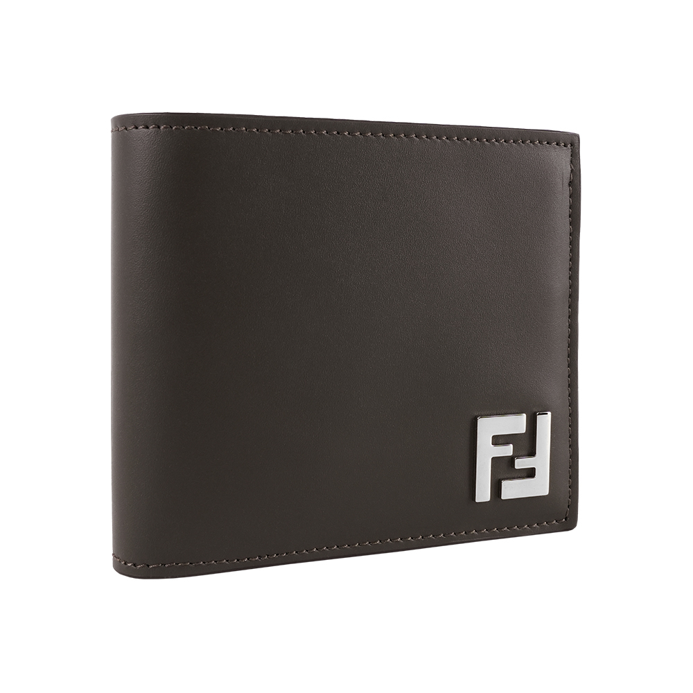 【Fendi】銀色FF Logo 皮革拼接塗層帆布對開8卡短夾(綠色/棕色)