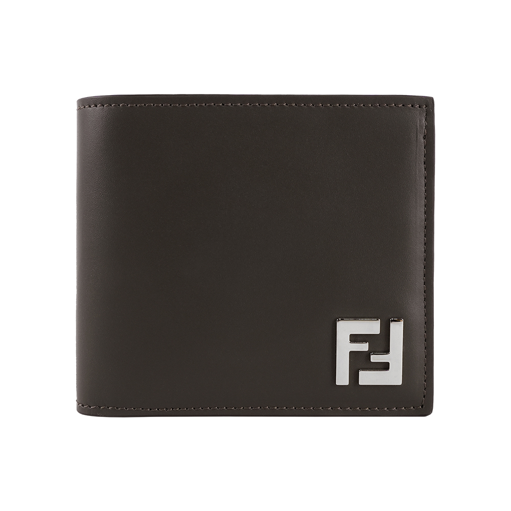 【Fendi】銀色FF Logo 皮革拼接塗層帆布對開8卡短夾(綠色/棕色)