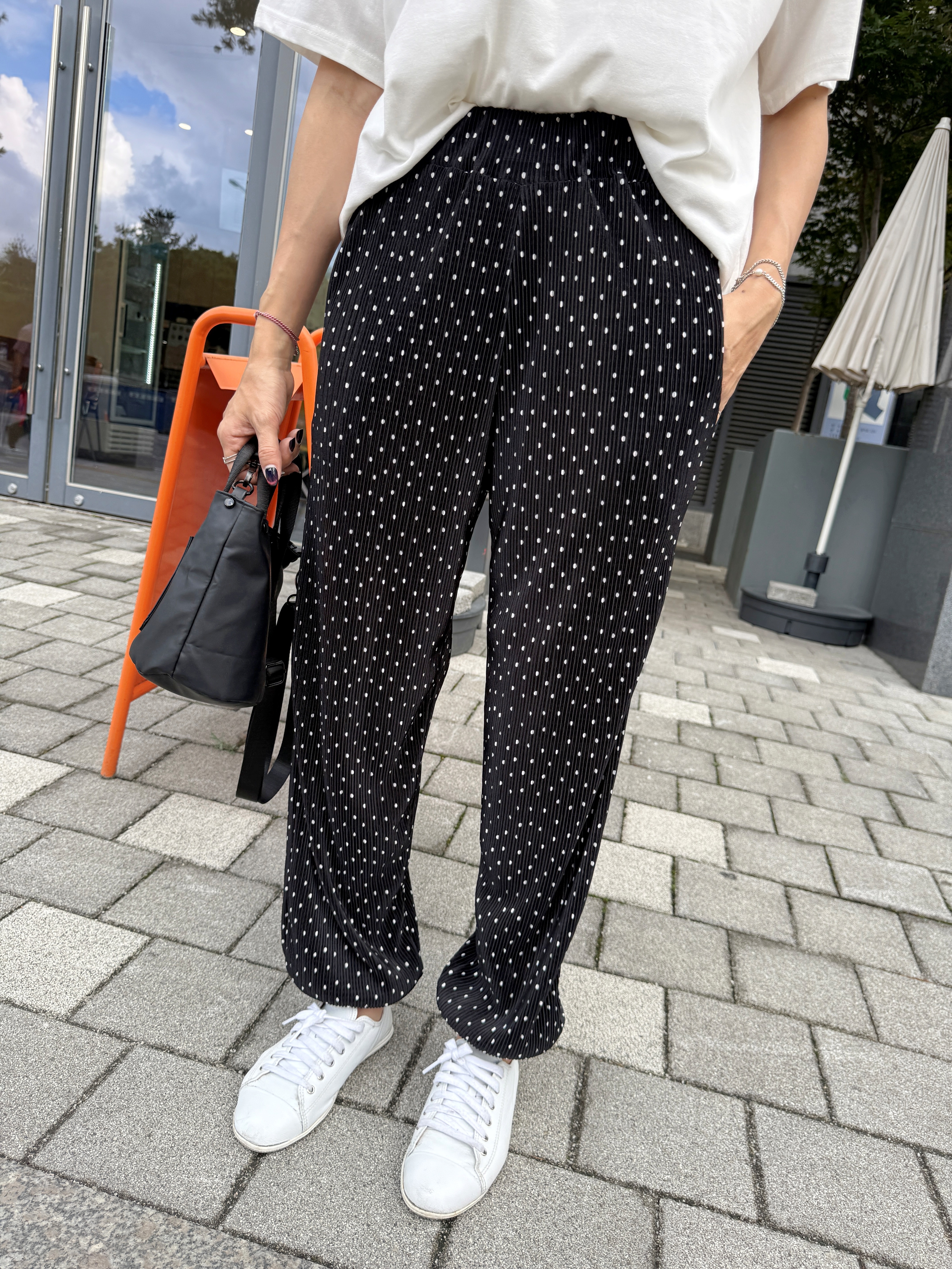 正韓涼感壓摺水玉點點縮口褲