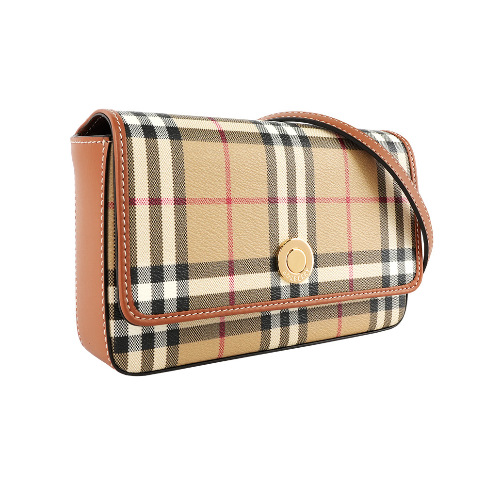 【Burberry】Hampshire 經典格紋及小牛皮翻蓋斜背包(經典米色)