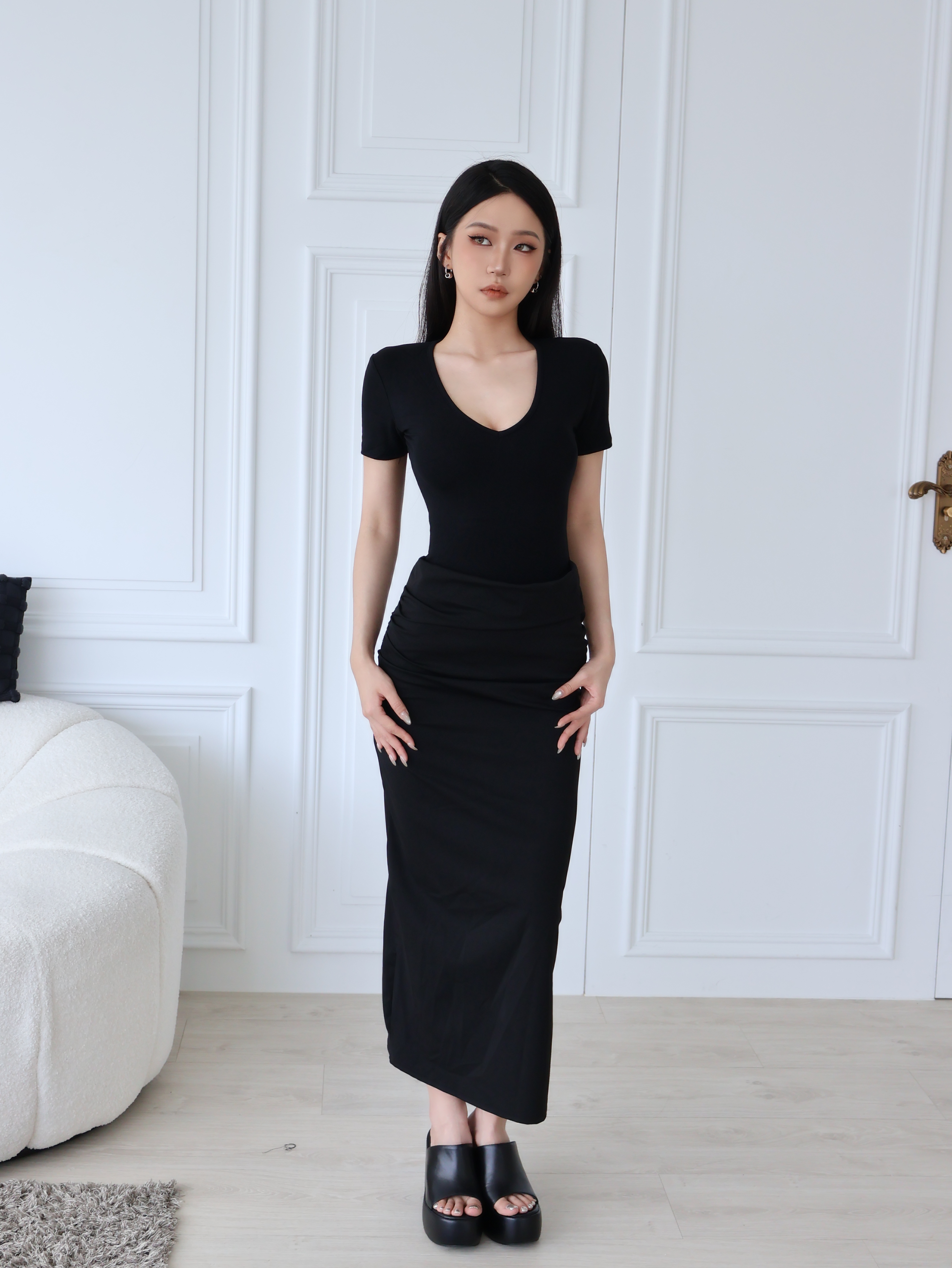 拼接緞面連身裙