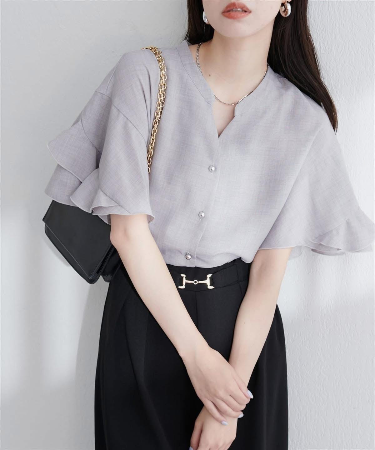 natural couture(ナチュラルクチュール)  【sherbet line】WEB限定 / UV・接触冷感ラップ半袖ブラウス灰（0352040090）