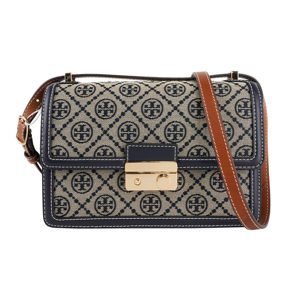 【Tory Burch】T Monogram 滿版緹花肩背/斜背二用包(藍色)