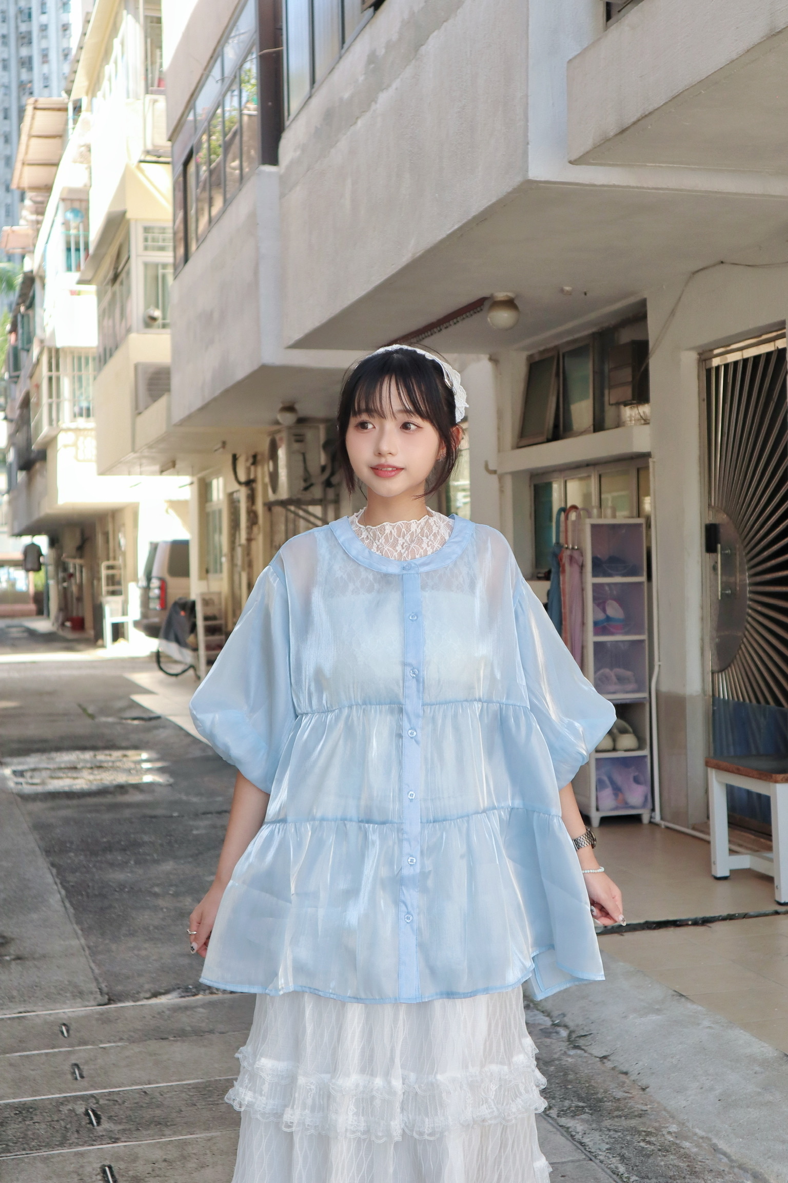 【⊹˚.𝗡𝗦 𝗠𝗮𝗱𝗲‧⁺ 獨家款】超美人魚光蓬蓬短袖Top 天藍色