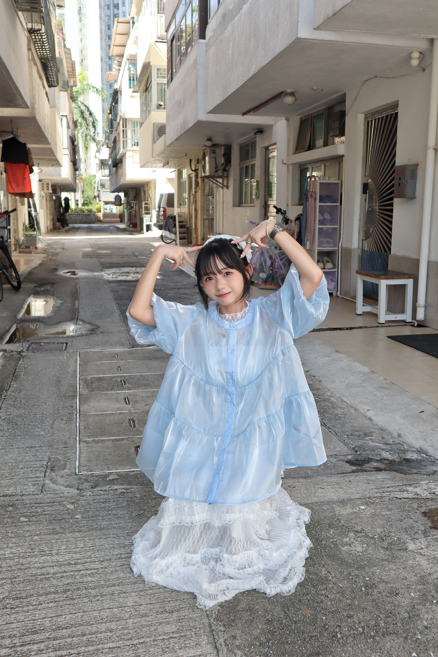 【⊹˚.𝗡𝗦 𝗠𝗮𝗱𝗲‧⁺ 獨家款】超美人魚光蓬蓬短袖Top 天藍色