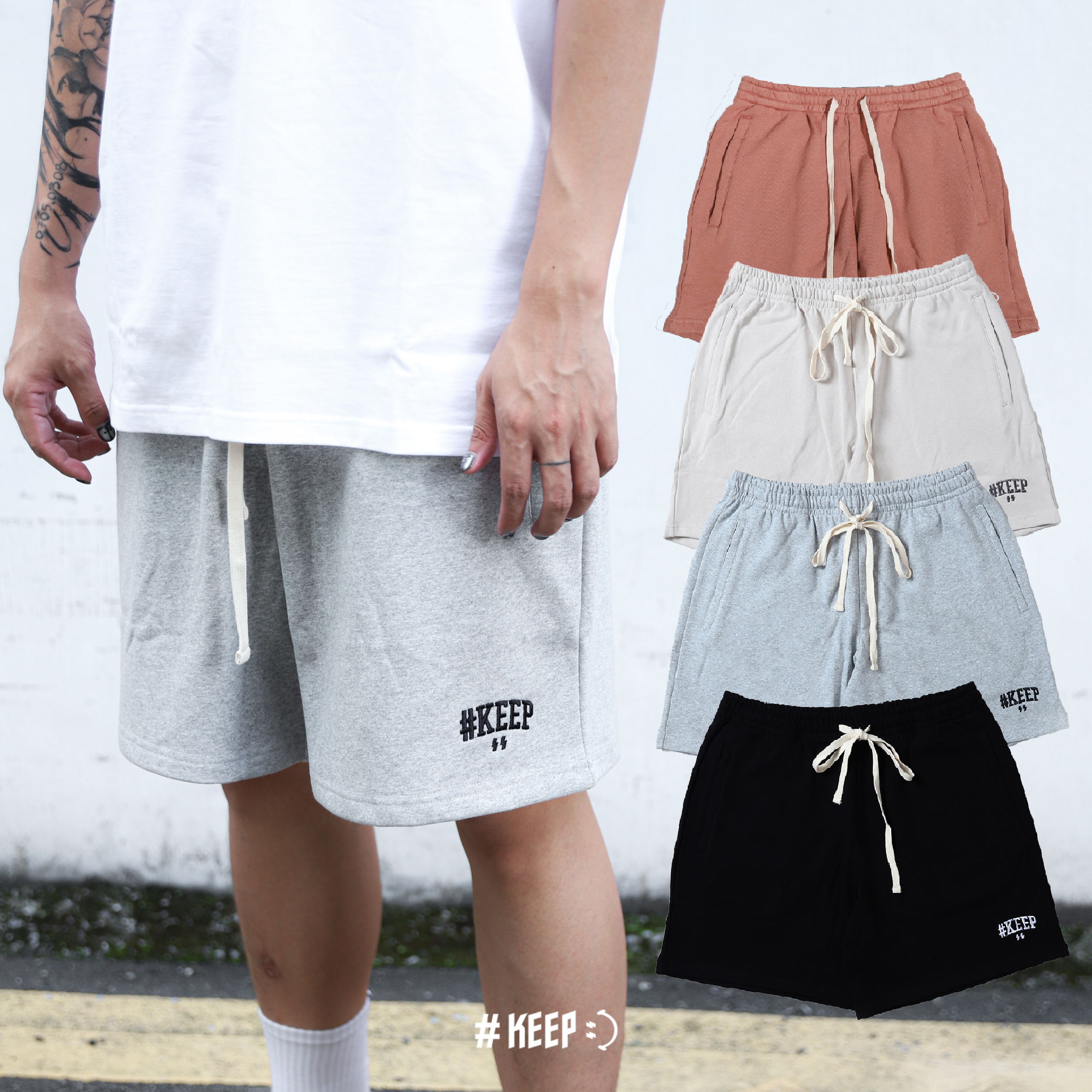 #KEEP COTTON SHORTS 奶杏 黑色 暖磚 灰色 刺繡 毛巾底 拉鍊口袋 抽繩 棉褲 短褲【KS117】