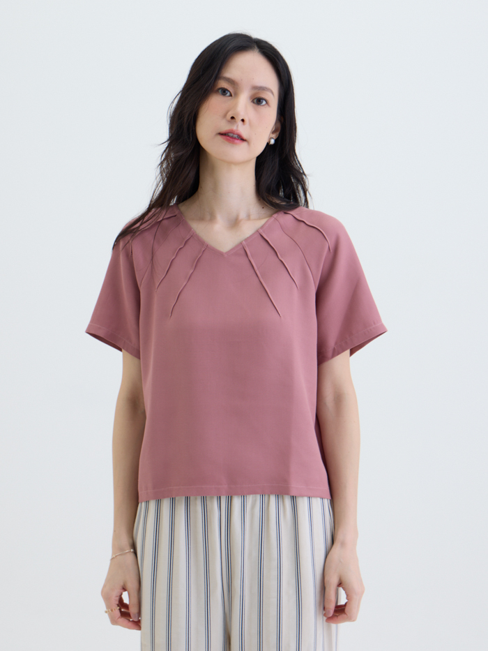光域領線V領短袖上衣-藕粉