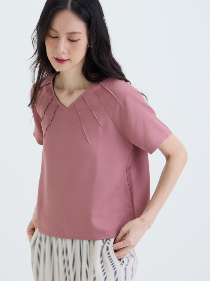 光域領線V領短袖上衣-藕粉