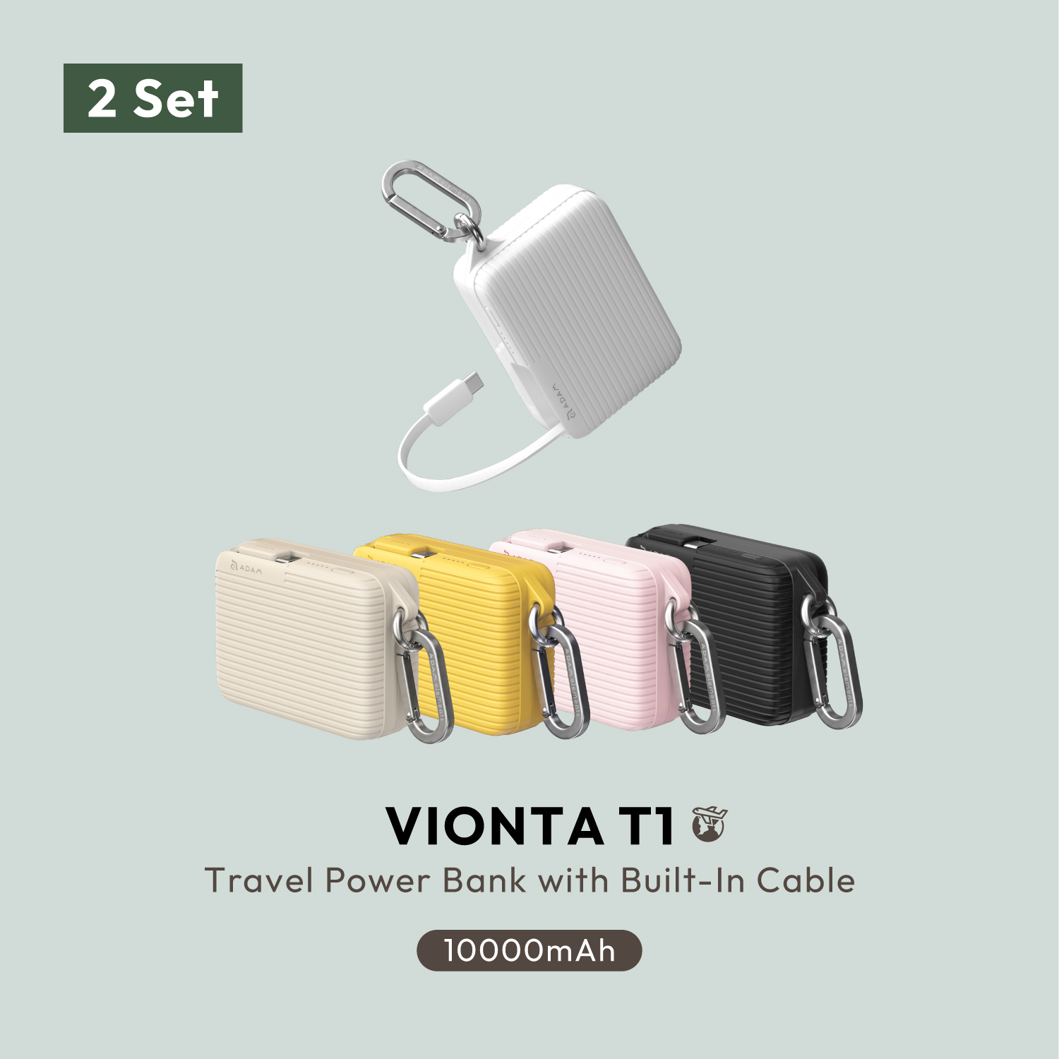 VIONTA T1 10,000mAh Travel Power Bank with Built-In Cable (2 Sets)
