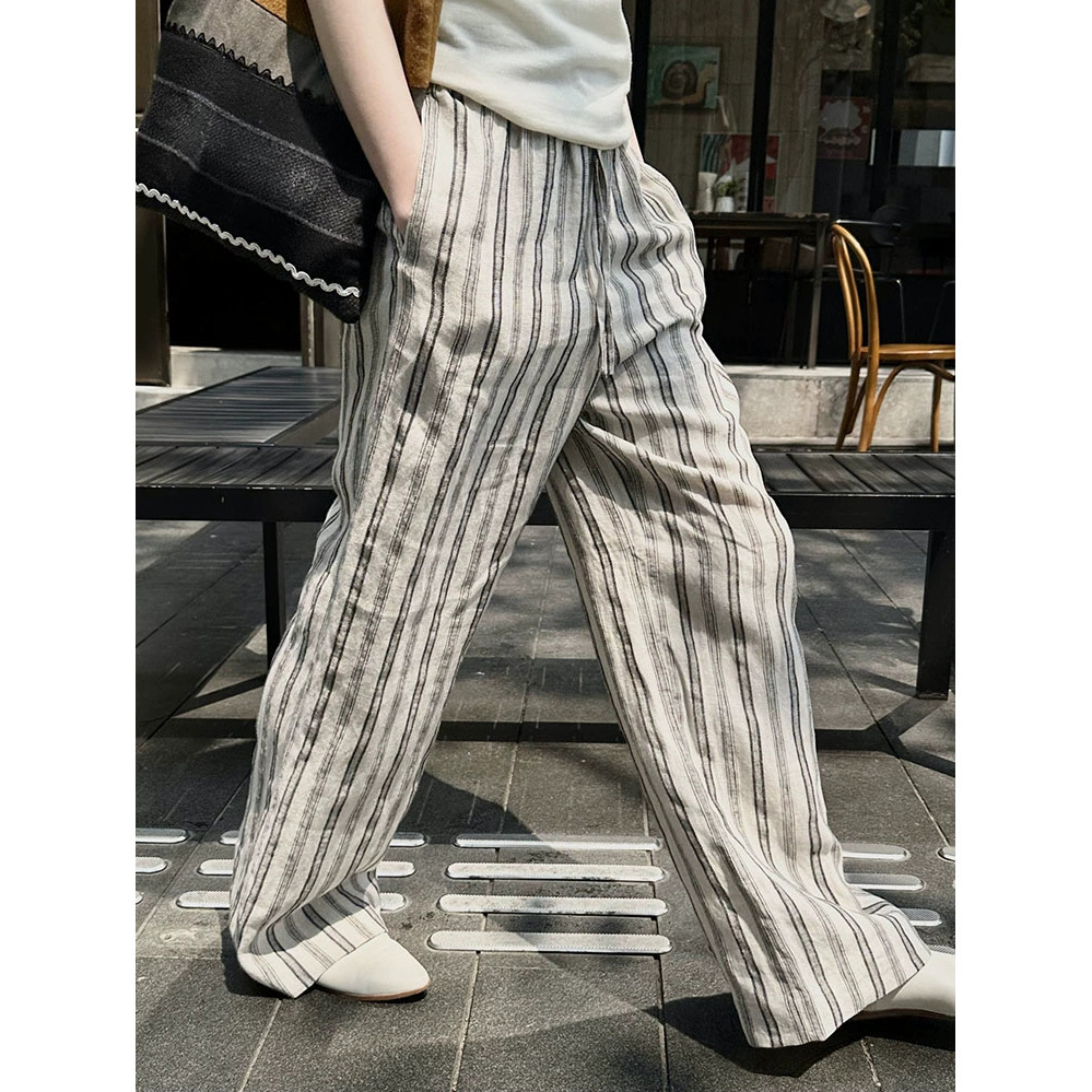 8W24 清新慵懶直條紋綁帶長褲 一色