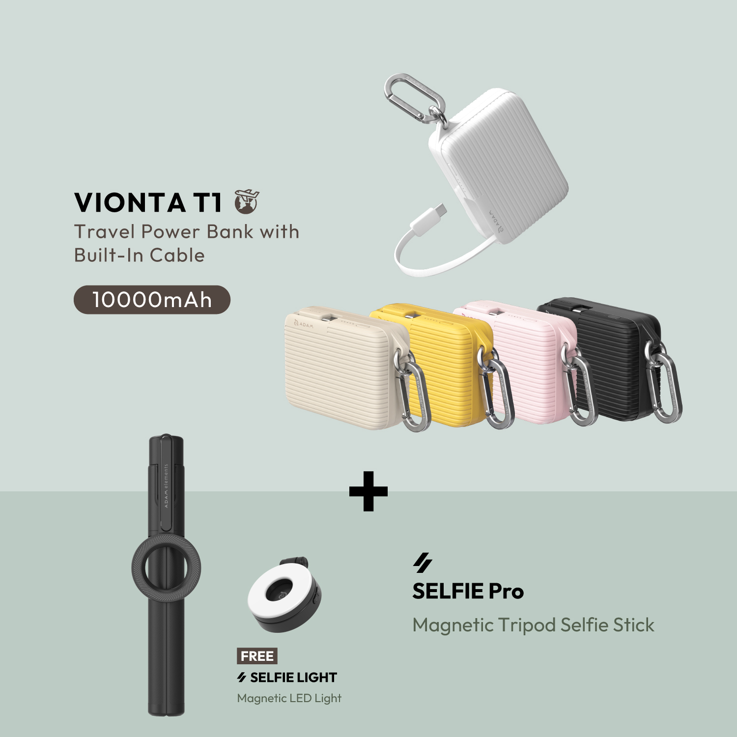 VIONTA T1 10,000mAh Travel Power Bank with Built-In Cable + SELFIE Pro Magnetic Wireless Bluetooth Tripod Selfie Stick