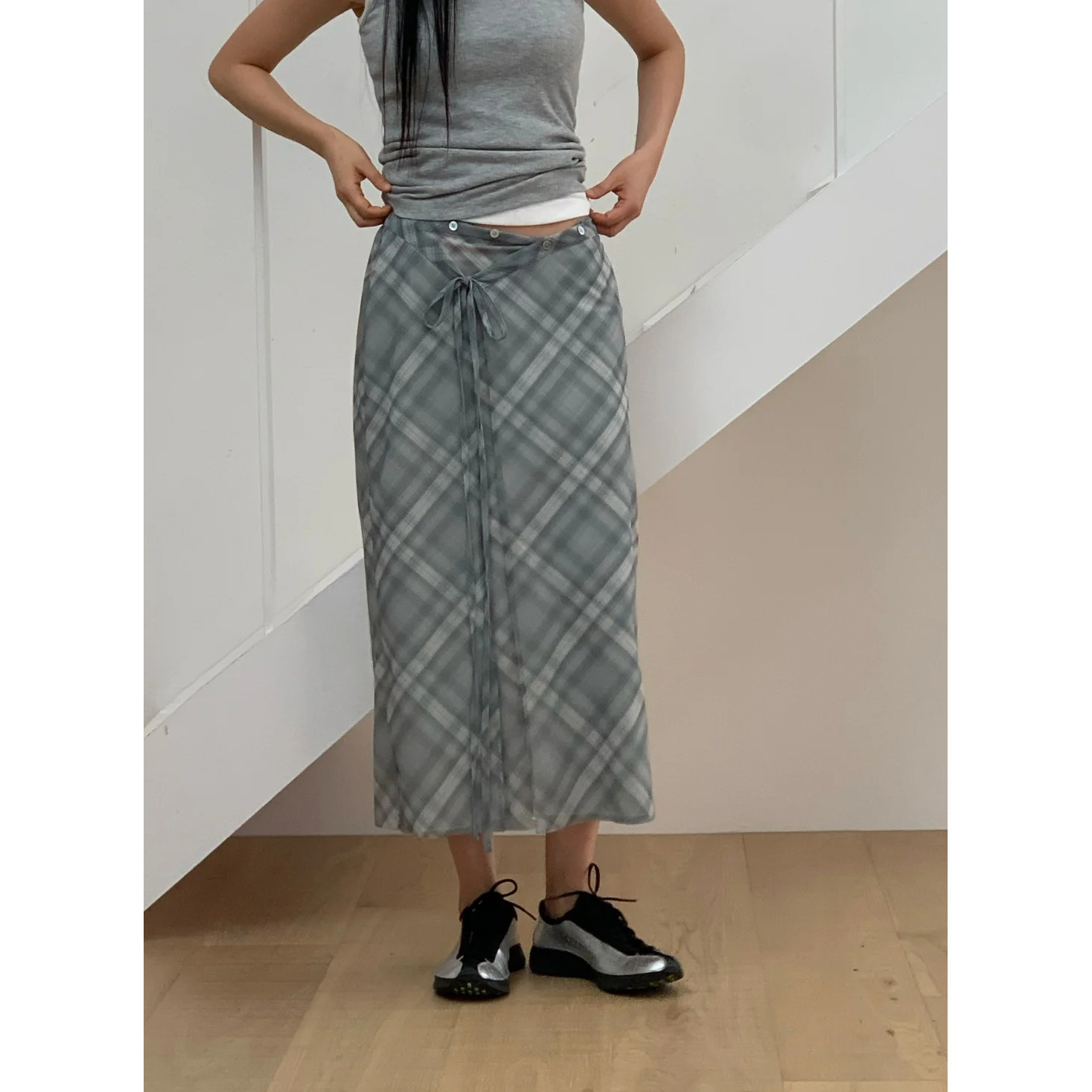 8W23 復古感格紋綁帶雪紡長裙 一色