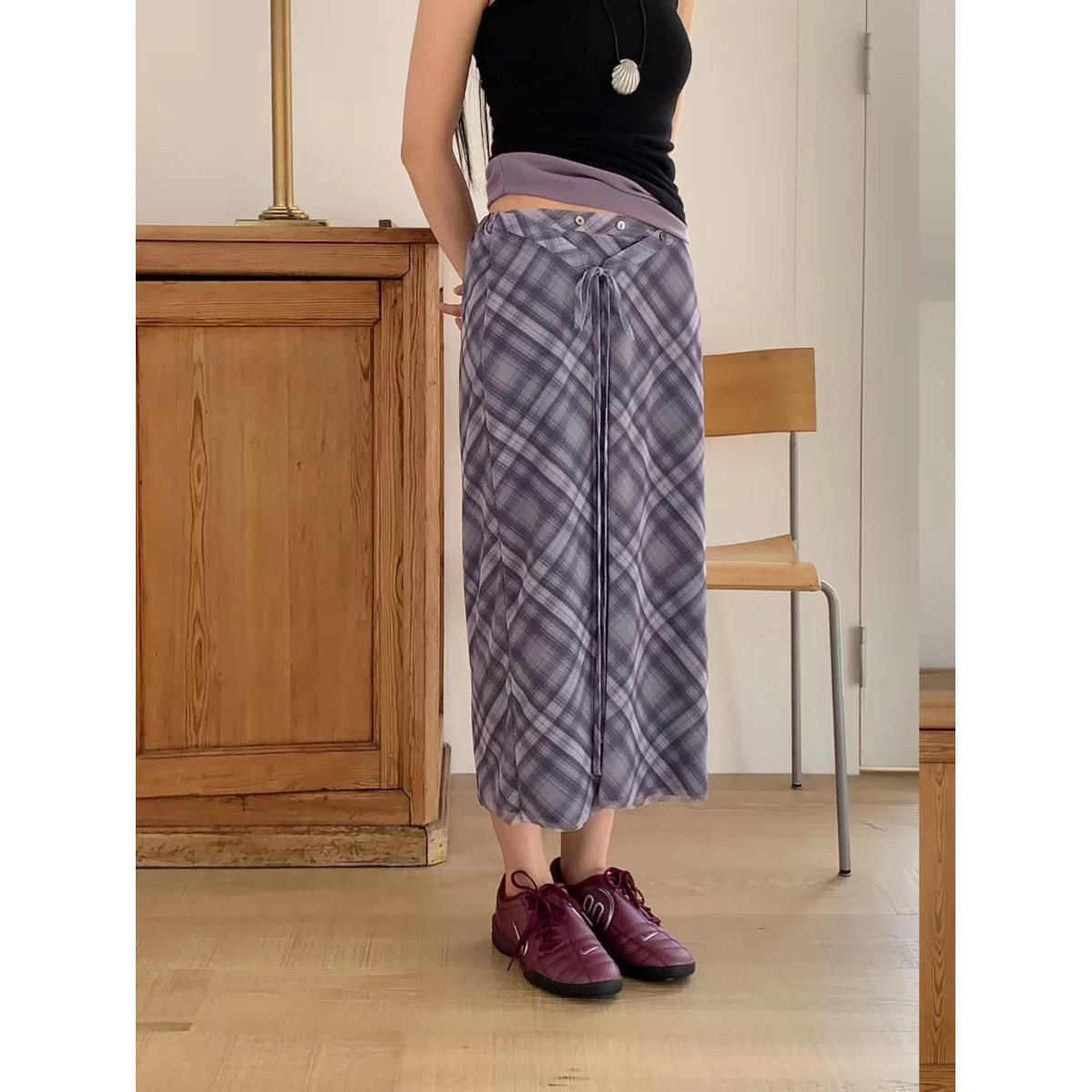 8W23 復古感格紋綁帶雪紡長裙 一色