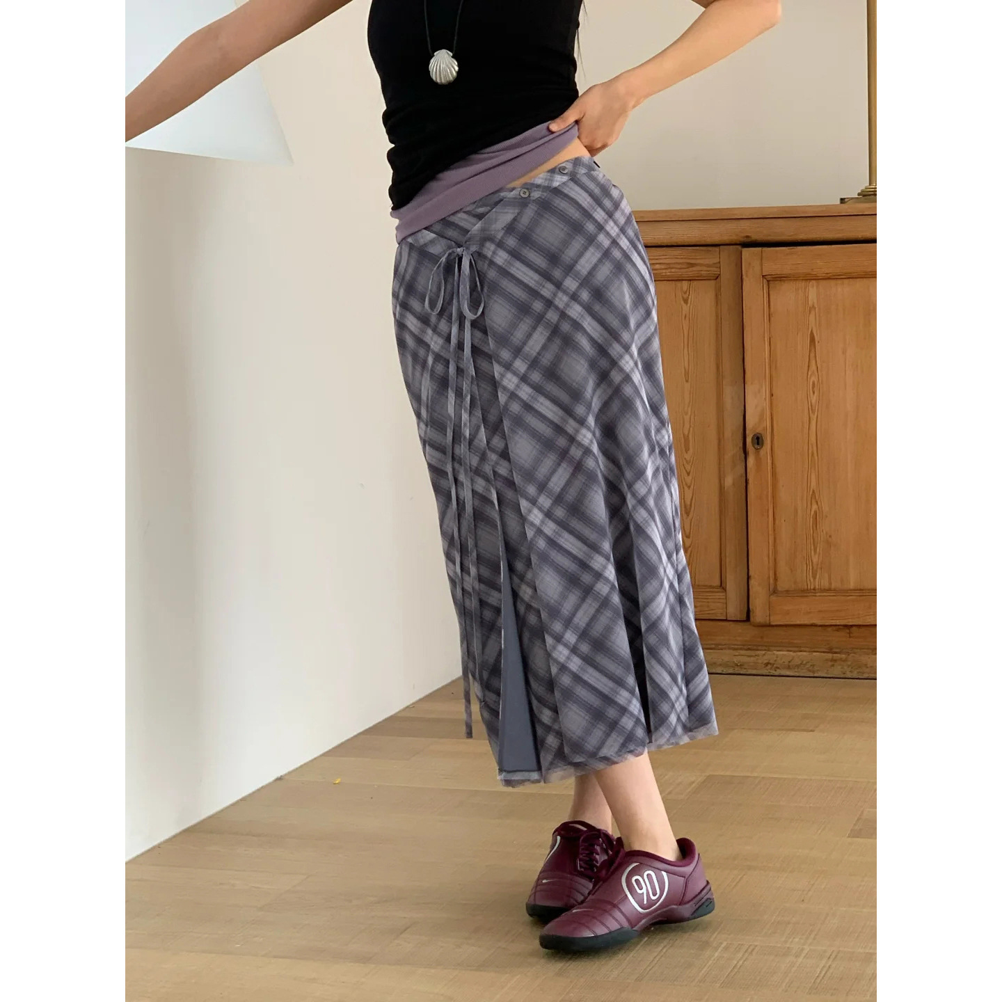 8W22 復古感格紋綁帶雪紡長裙 一色