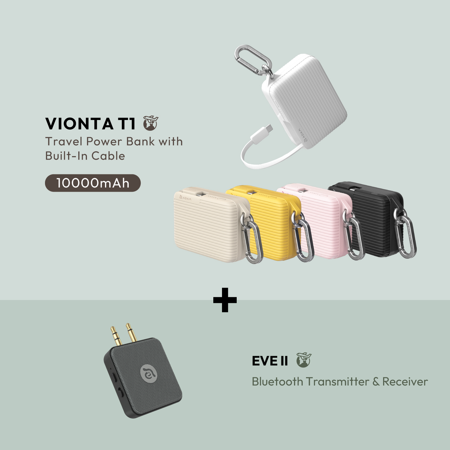 VIONTA T1 10,000mAh Travel Power Bank with Built-In Cable + EVE II  Bluetooth Transmitter & Receiver