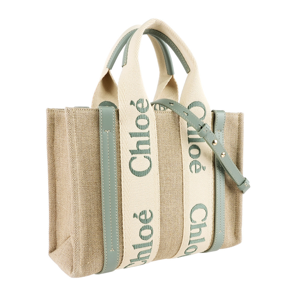 【Chloé】Woody 帆布拼牛皮手提/斜背二用托特包(小)(藍綠色)