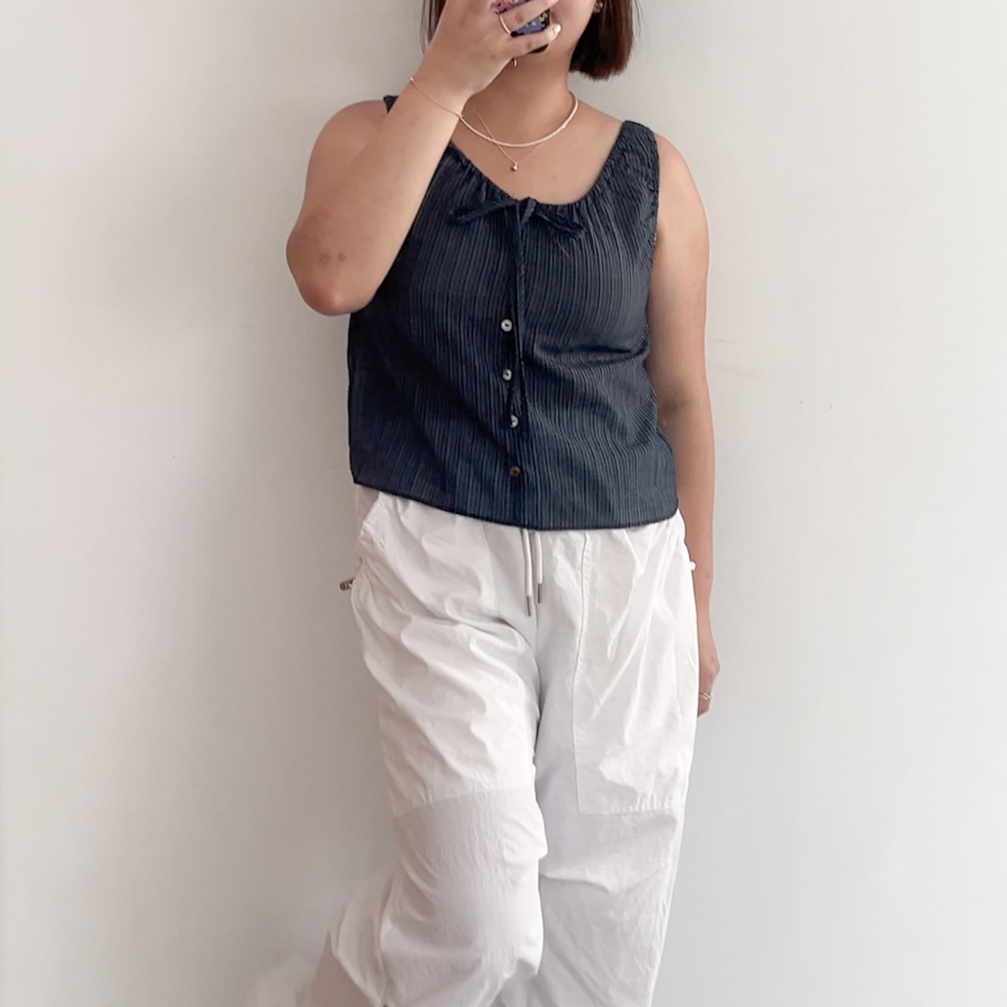 彈性邊胸前綁帶背心(白/條紋藍)