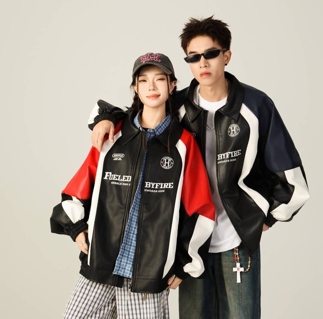 【限時特價】Kawasaki 川崎 美式復古賽車刺繡皮革外套 男款女款 情侶款 黑色 深藍 紅色 Aug25