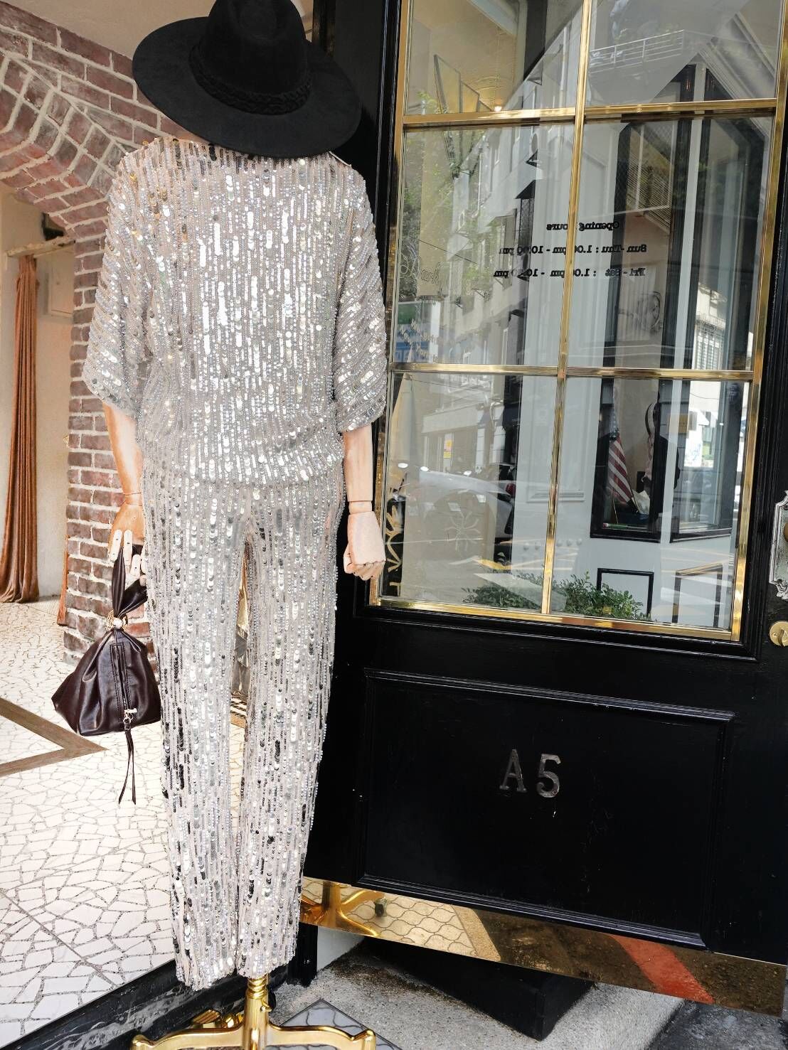 Shine On金色珍珠亮片條紋網紗長褲