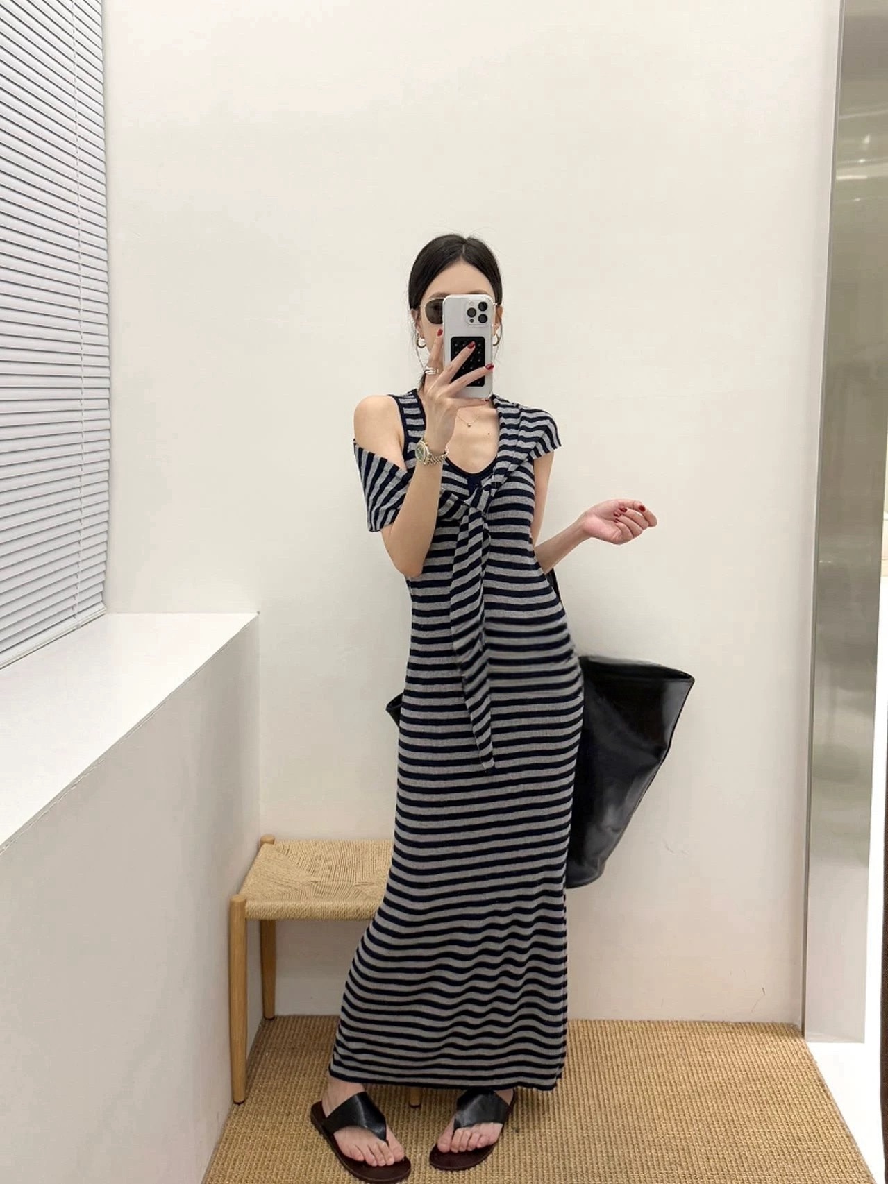 排釦針織條紋洋裝(附披肩)/二色