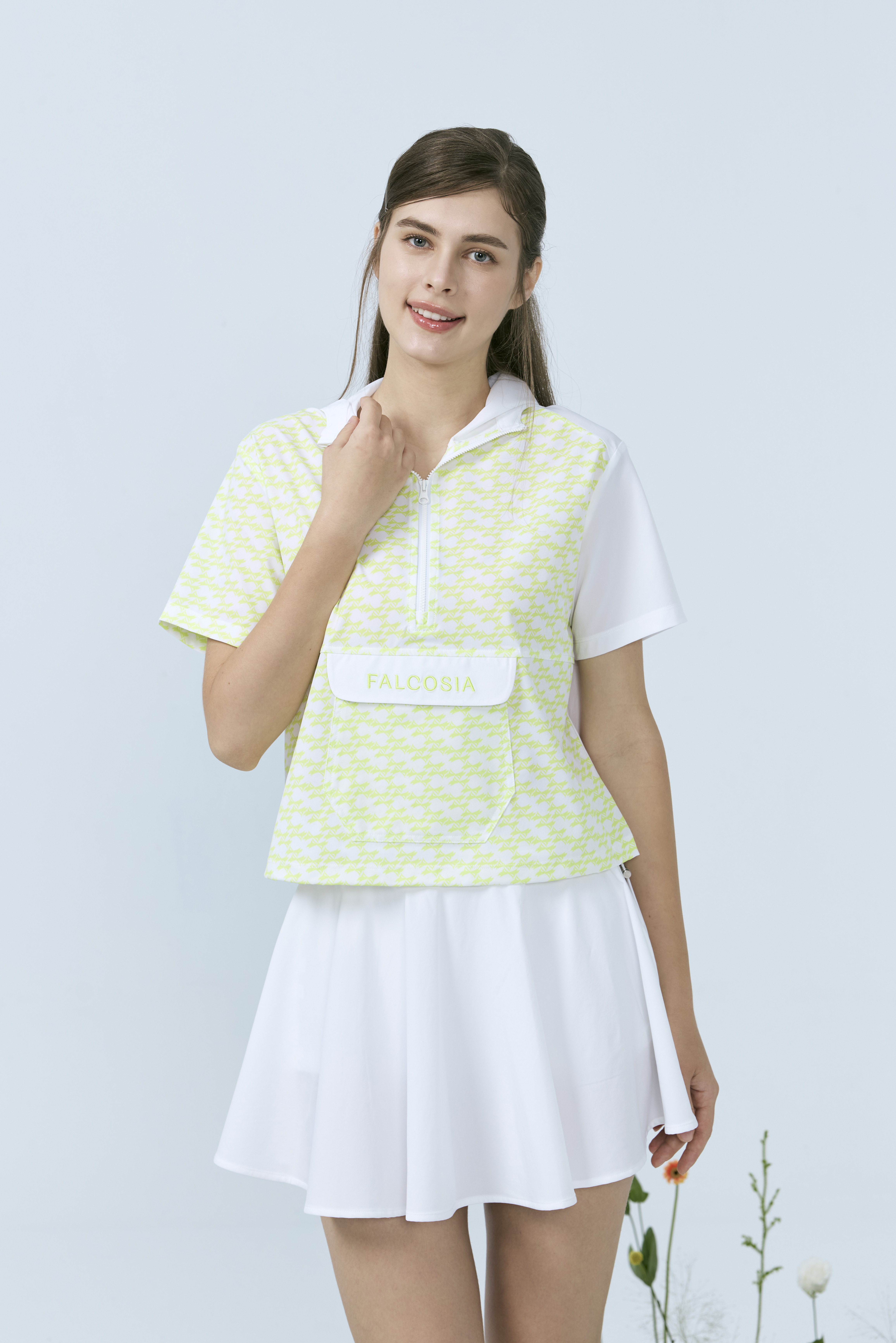 短版防風連衣帽上衣-印花盛夏綠