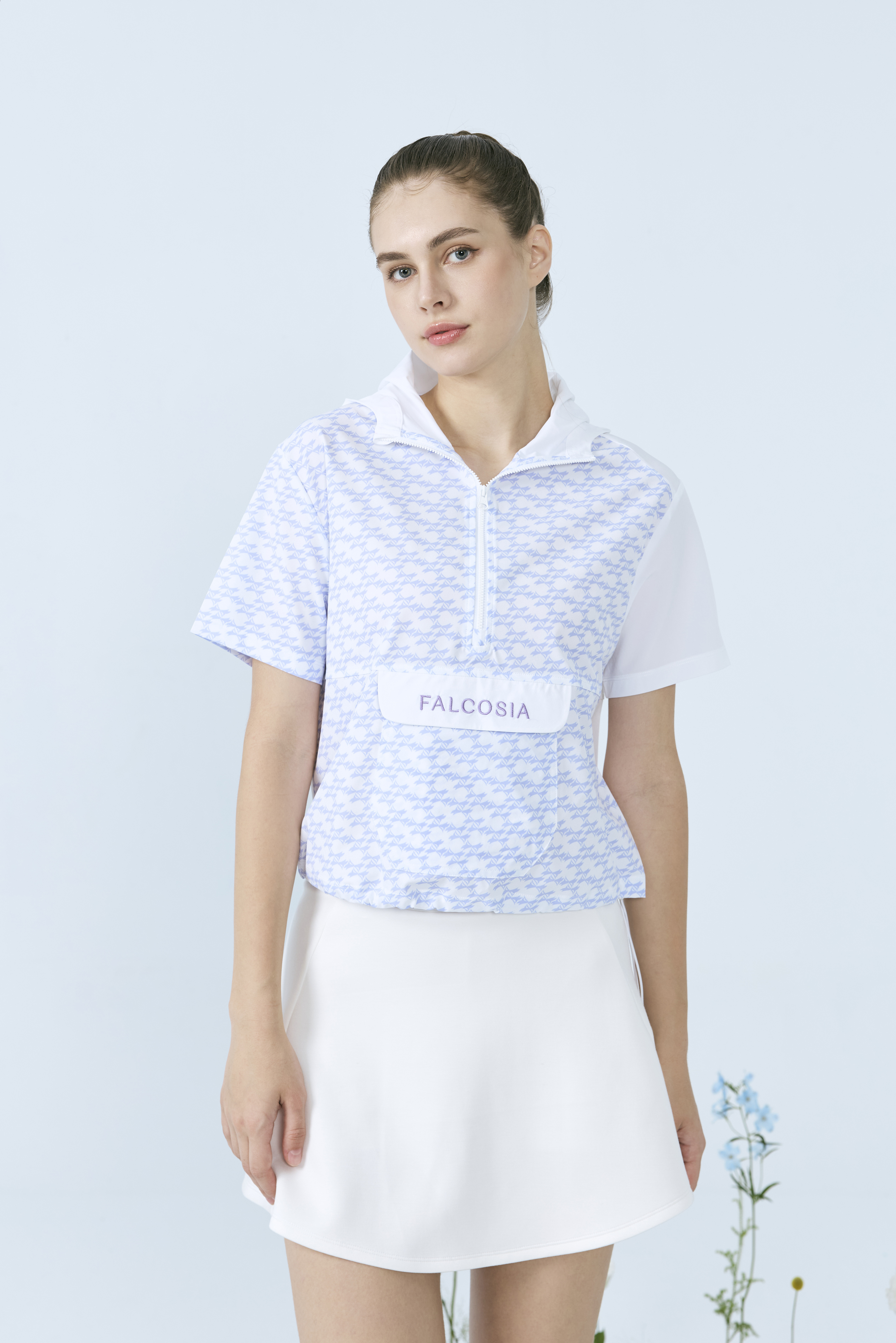 短版防風連衣帽上衣-印花鬱金紫