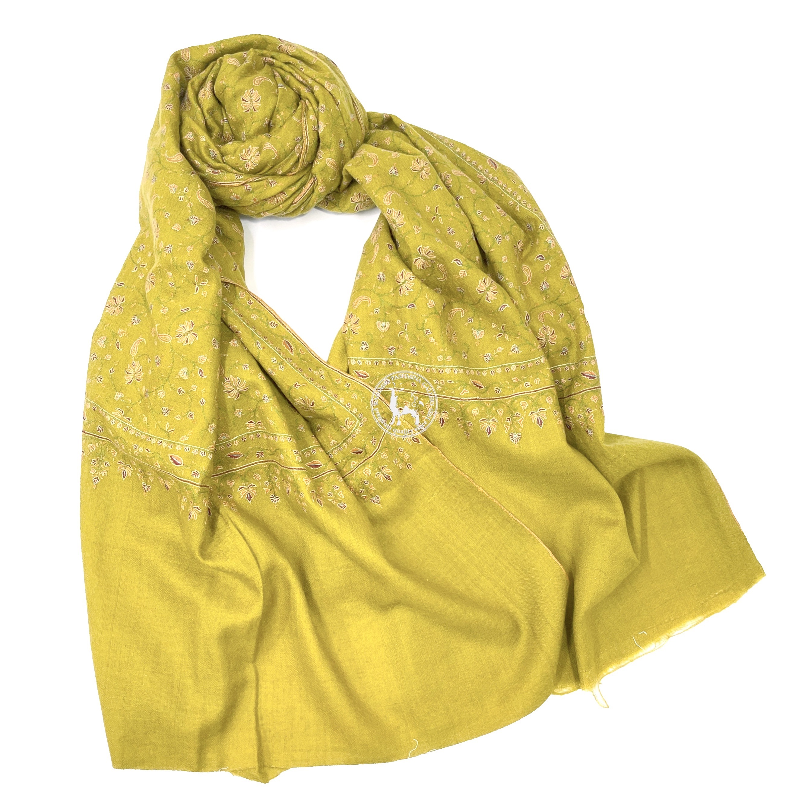 芥末黃色索茲尼刺繡羊絨披肩圍巾