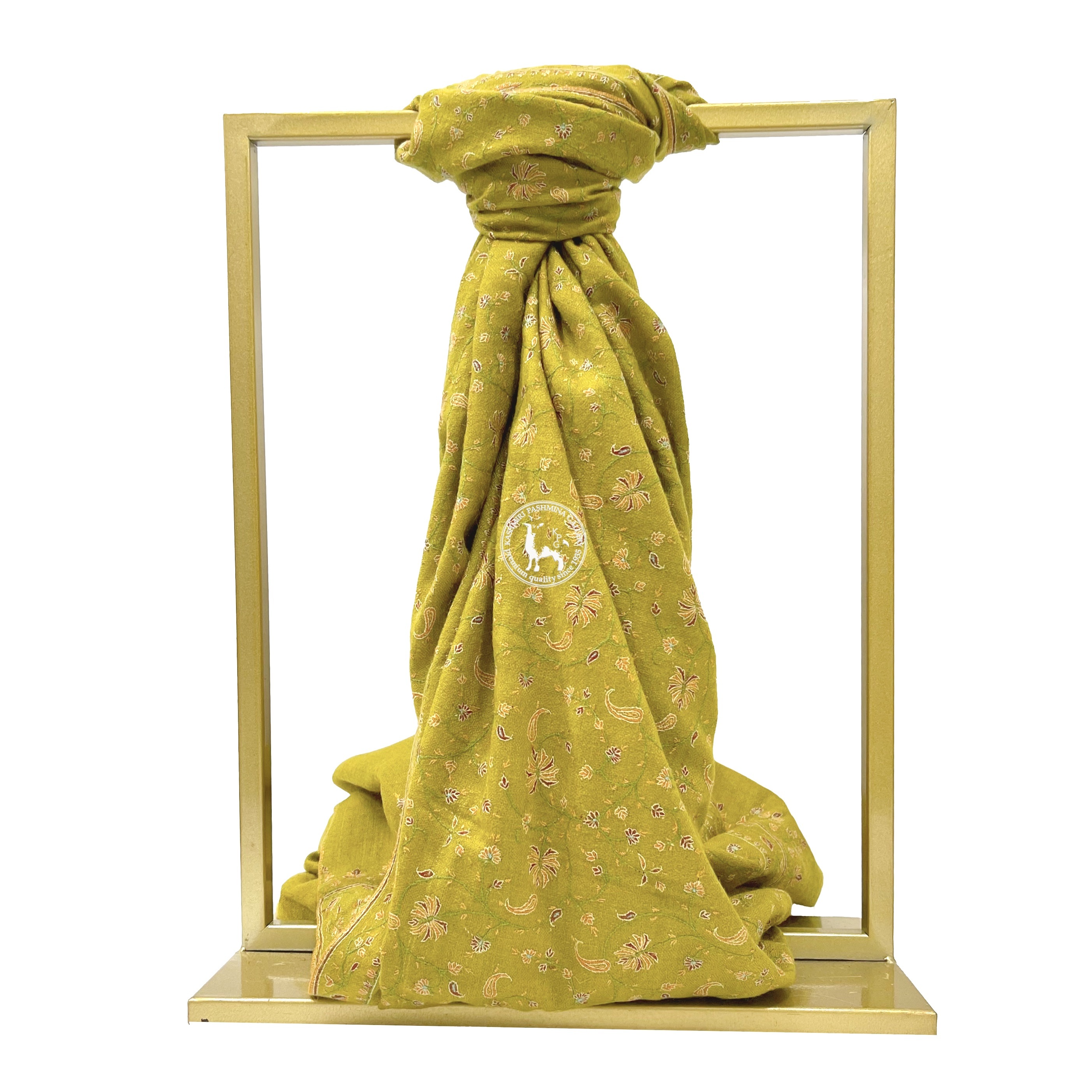 芥末黃色索茲尼刺繡羊絨披肩圍巾