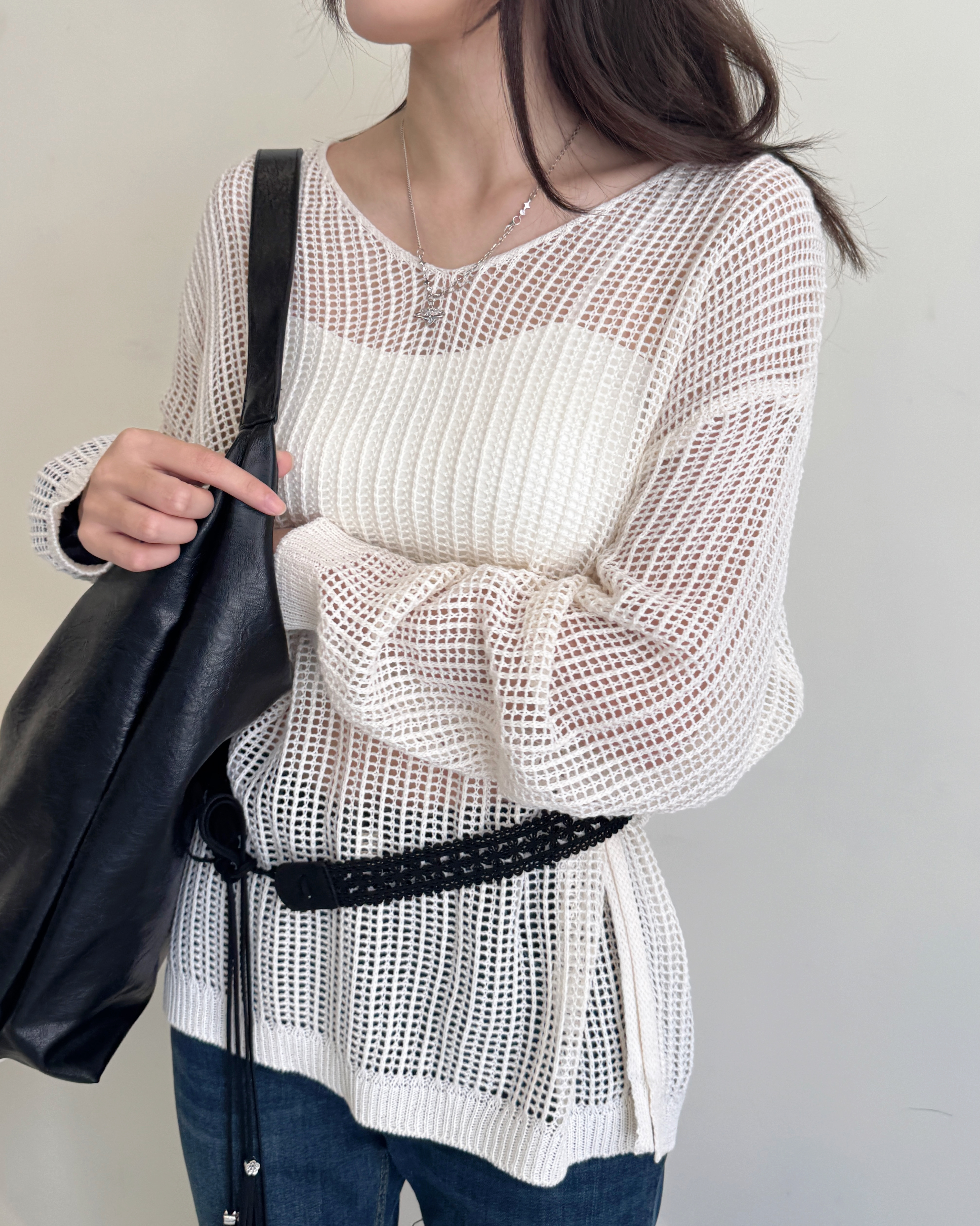 不分季節V領洞洞長袖罩衫-0771